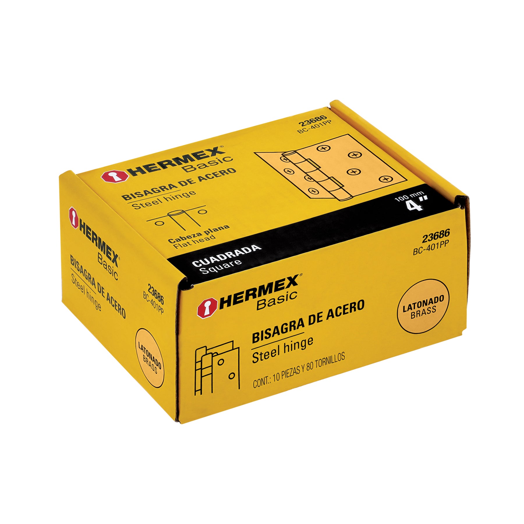 Bisagra cuadrada, 4",latonado, cabeza plana, HERMEX BASIC