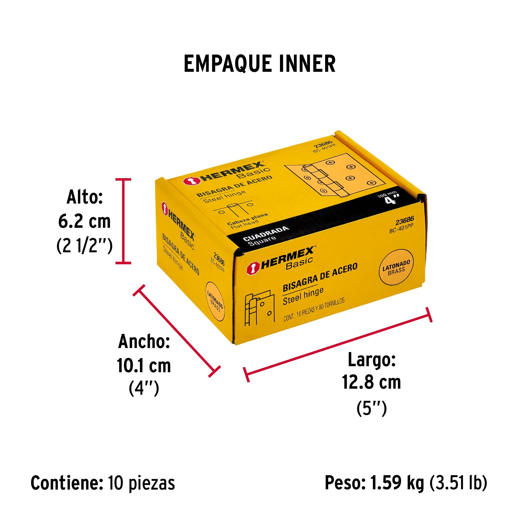 Bisagra cuadrada, 4",latonado, cabeza plana, HERMEX BASIC - Empaque