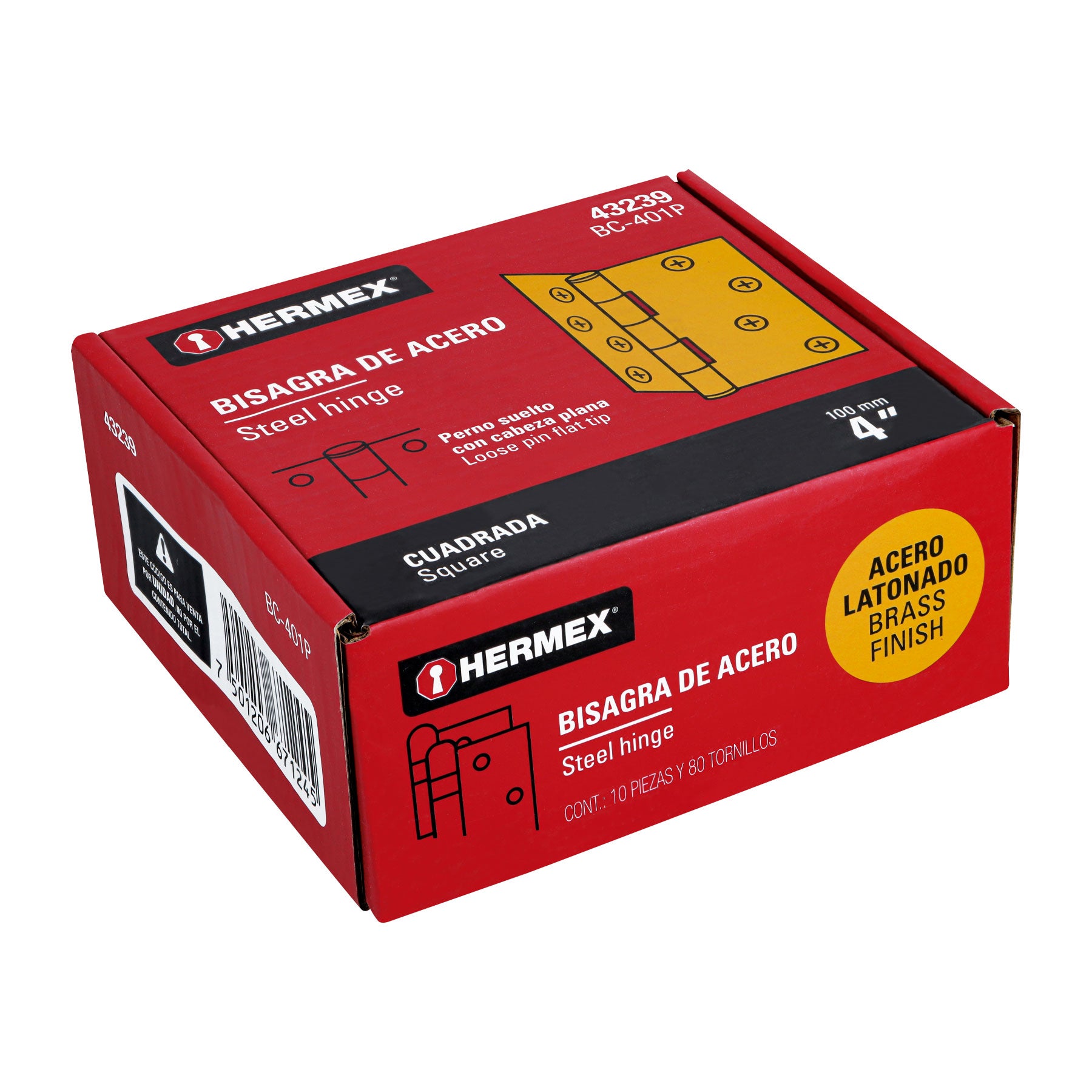 Bisagra cuadrada 4", latonado, cabeza plana, HERMEX