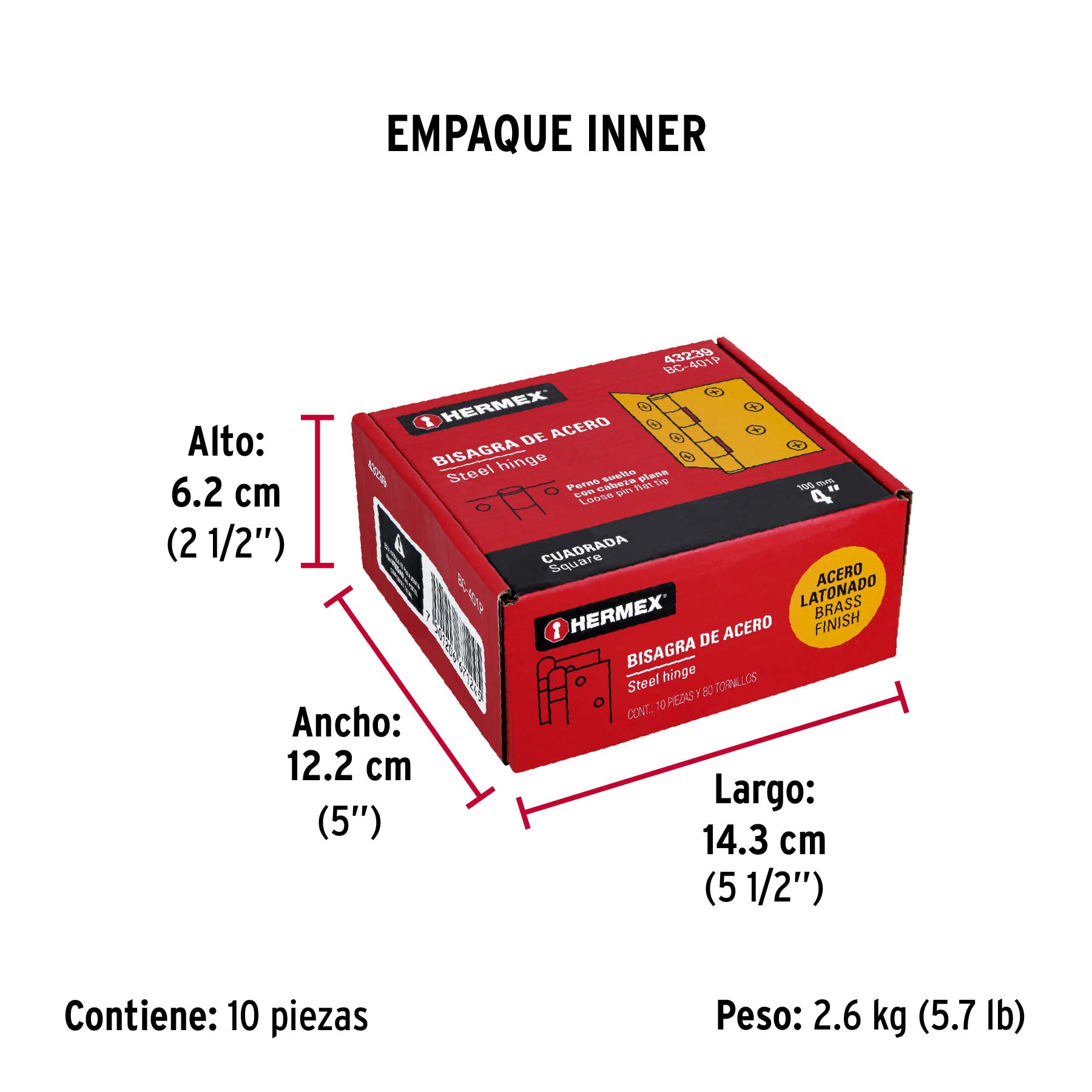 Bisagra cuadrada 4", latonado, cabeza plana, HERMEX - Empaque