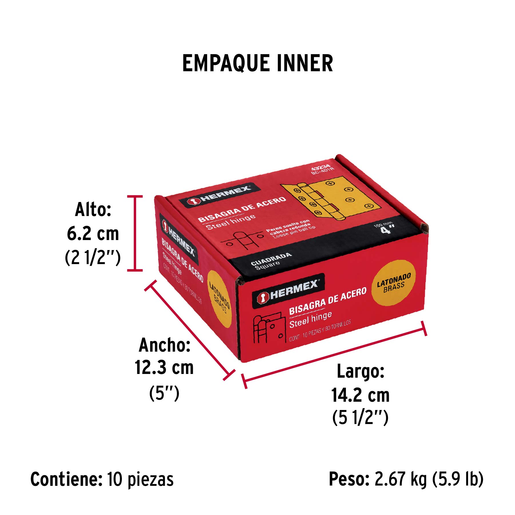 Bisagra cuadrada 4", latonado, cabeza redonda, HERMEX - Empaque