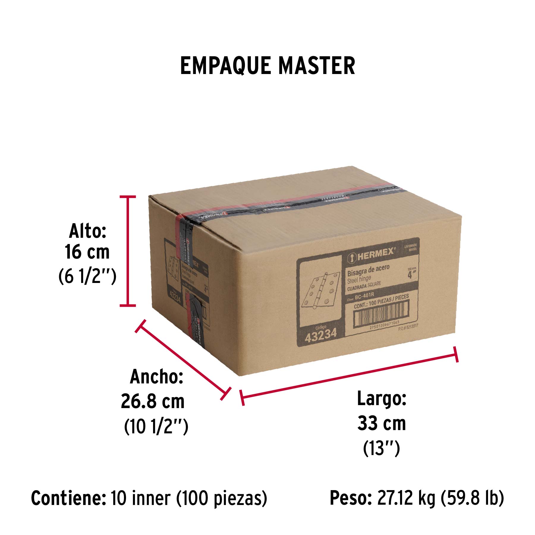Bisagra cuadrada 4", latonado, cabeza redonda, HERMEX - Empaque