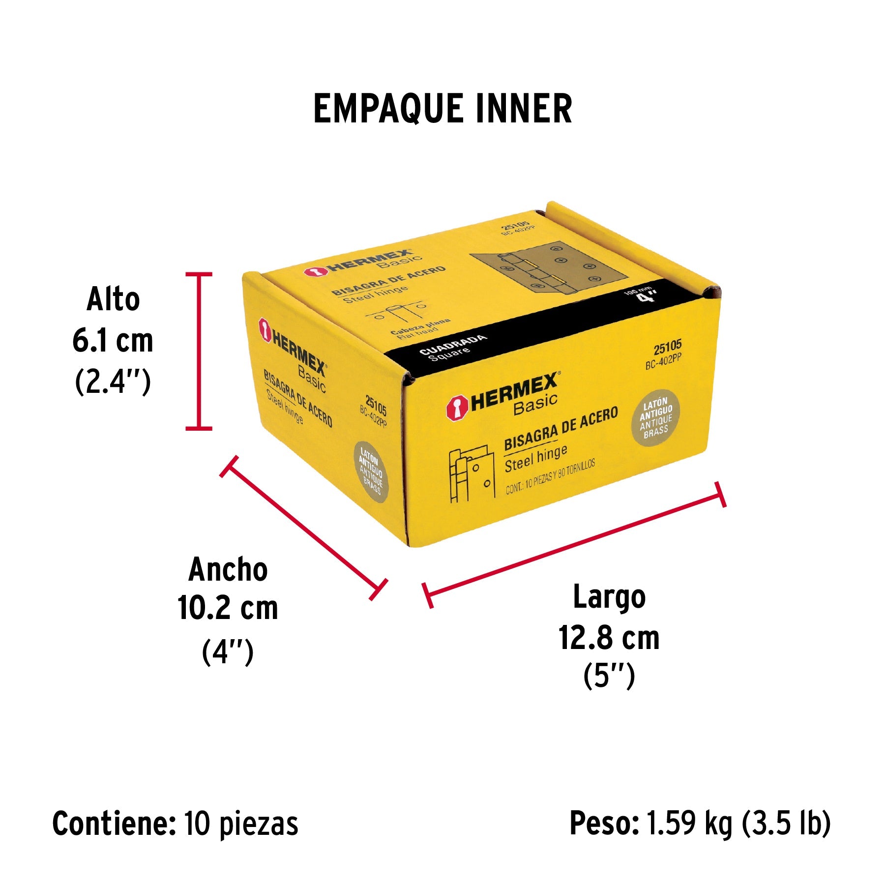 Bisagra cuadrada 4", latón antiguo, cabeza plana, BASIC - Empaque