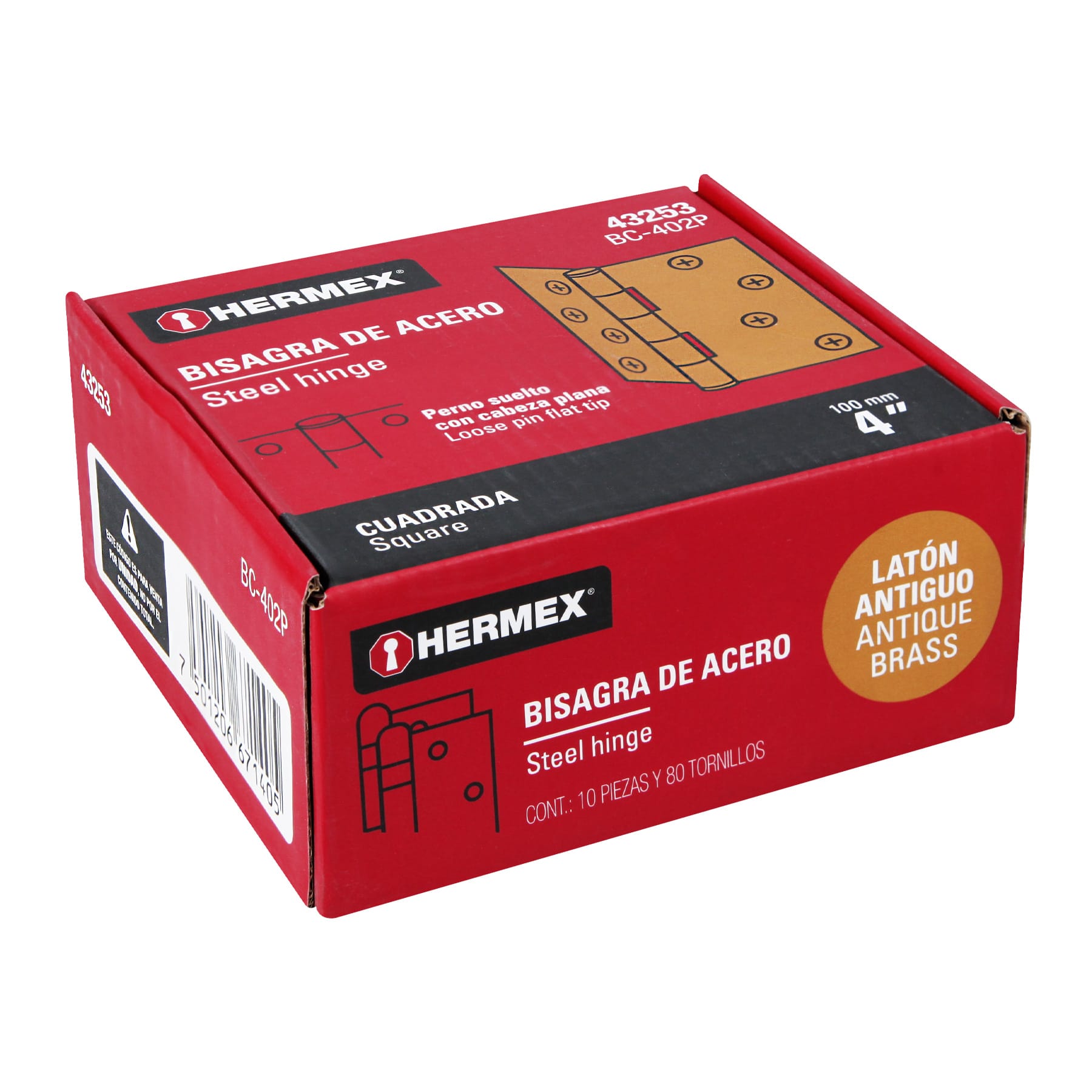 Bisagra cuadrada 4", latón antiguo, cabeza plana, HERMEX