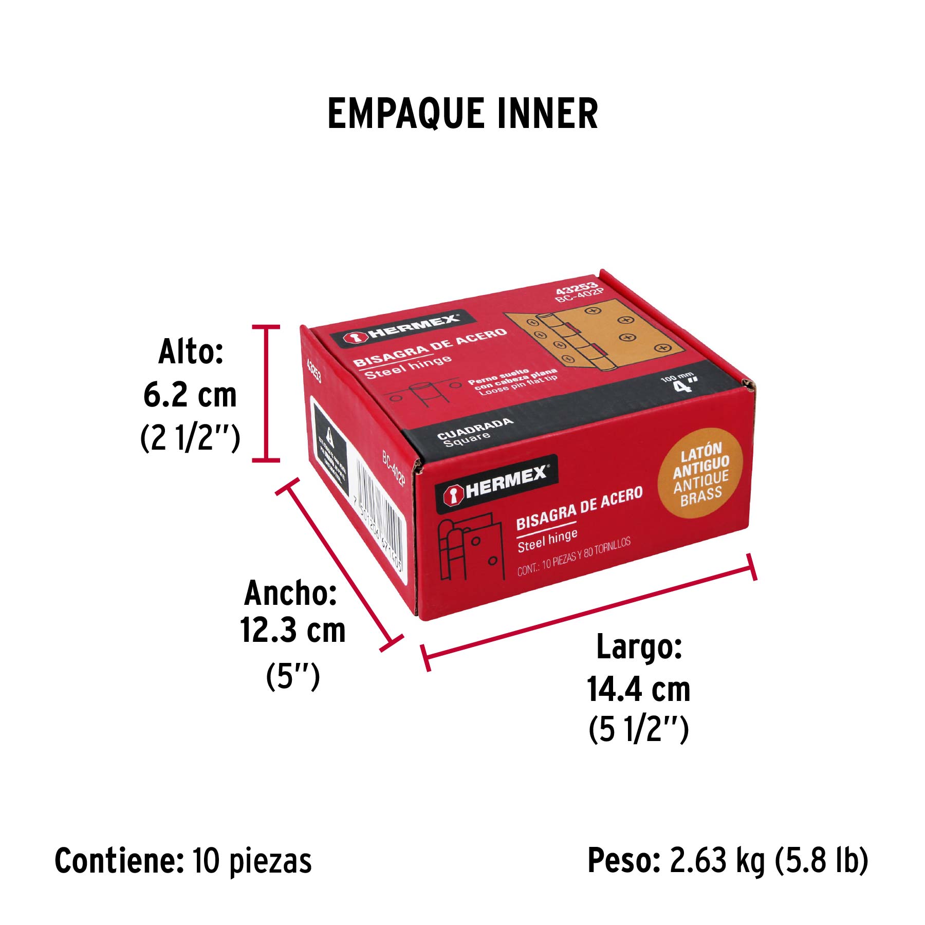Bisagra cuadrada 4", latón antiguo, cabeza plana, HERMEX - Empaque