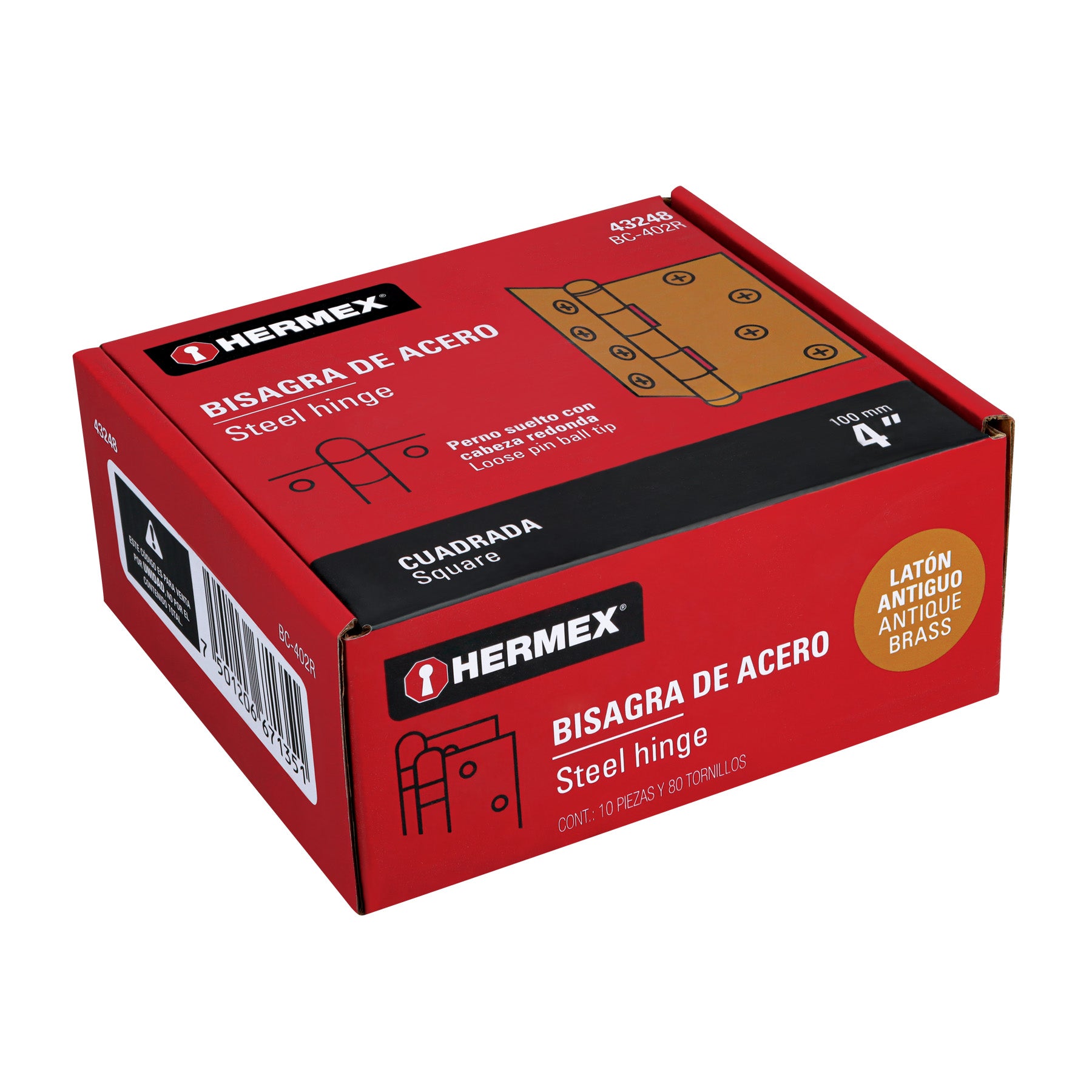 Bisagra cuadrada 4", latón antiguo, cabeza redonda, HERMEX