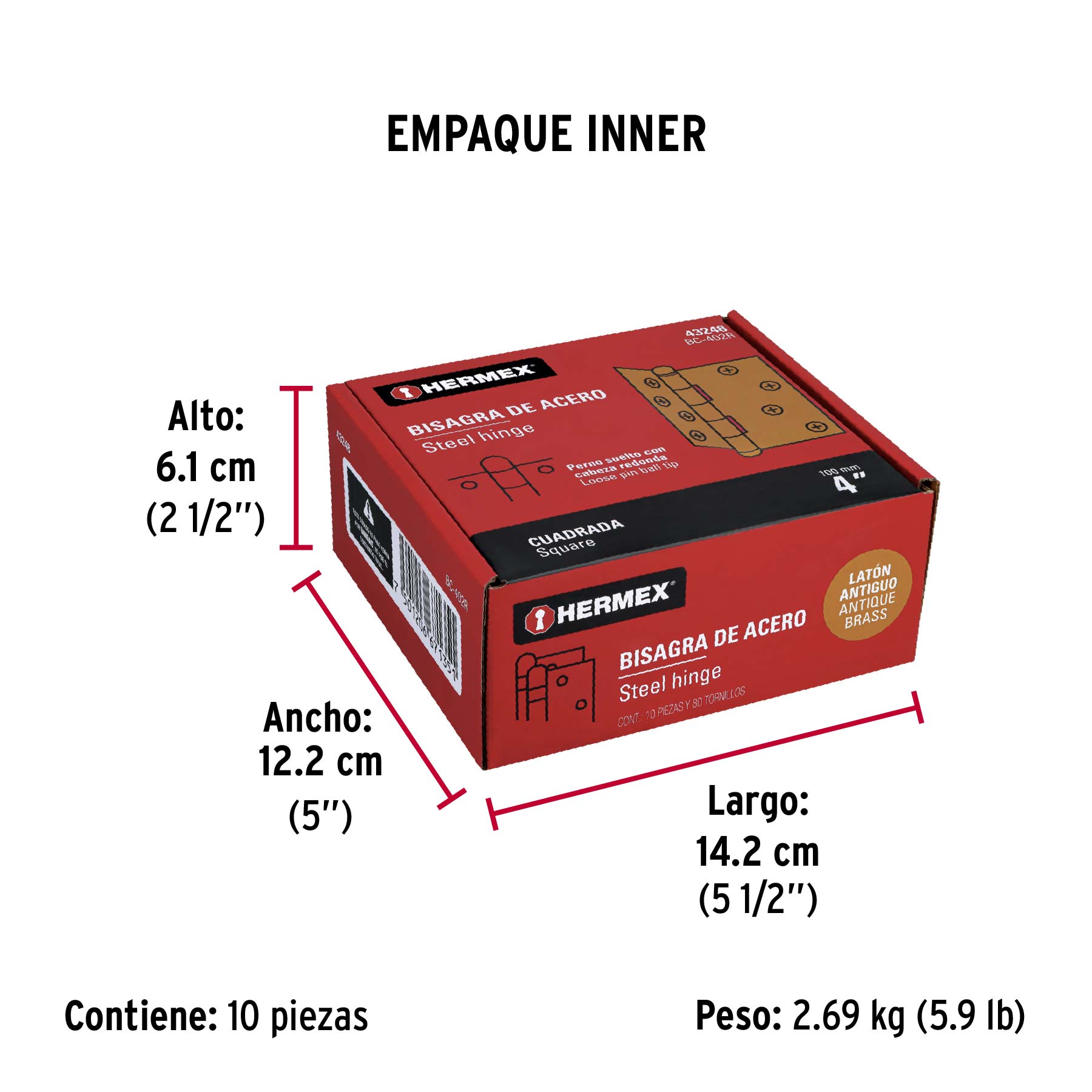 Bisagra cuadrada 4", latón antiguo, cabeza redonda, HERMEX - Empaque