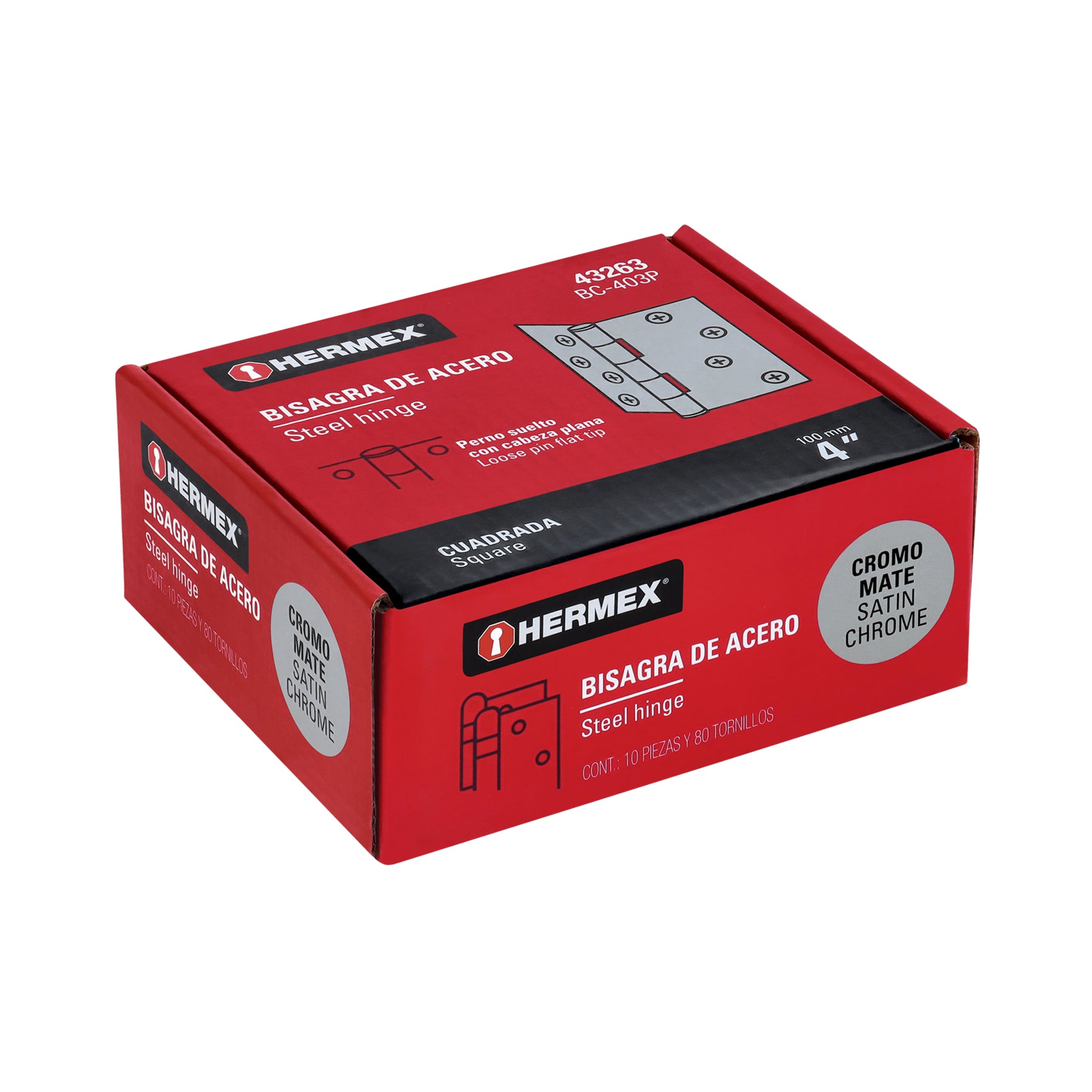 Bisagra cuadrada 4", satinado, cabeza plana, HERMEX