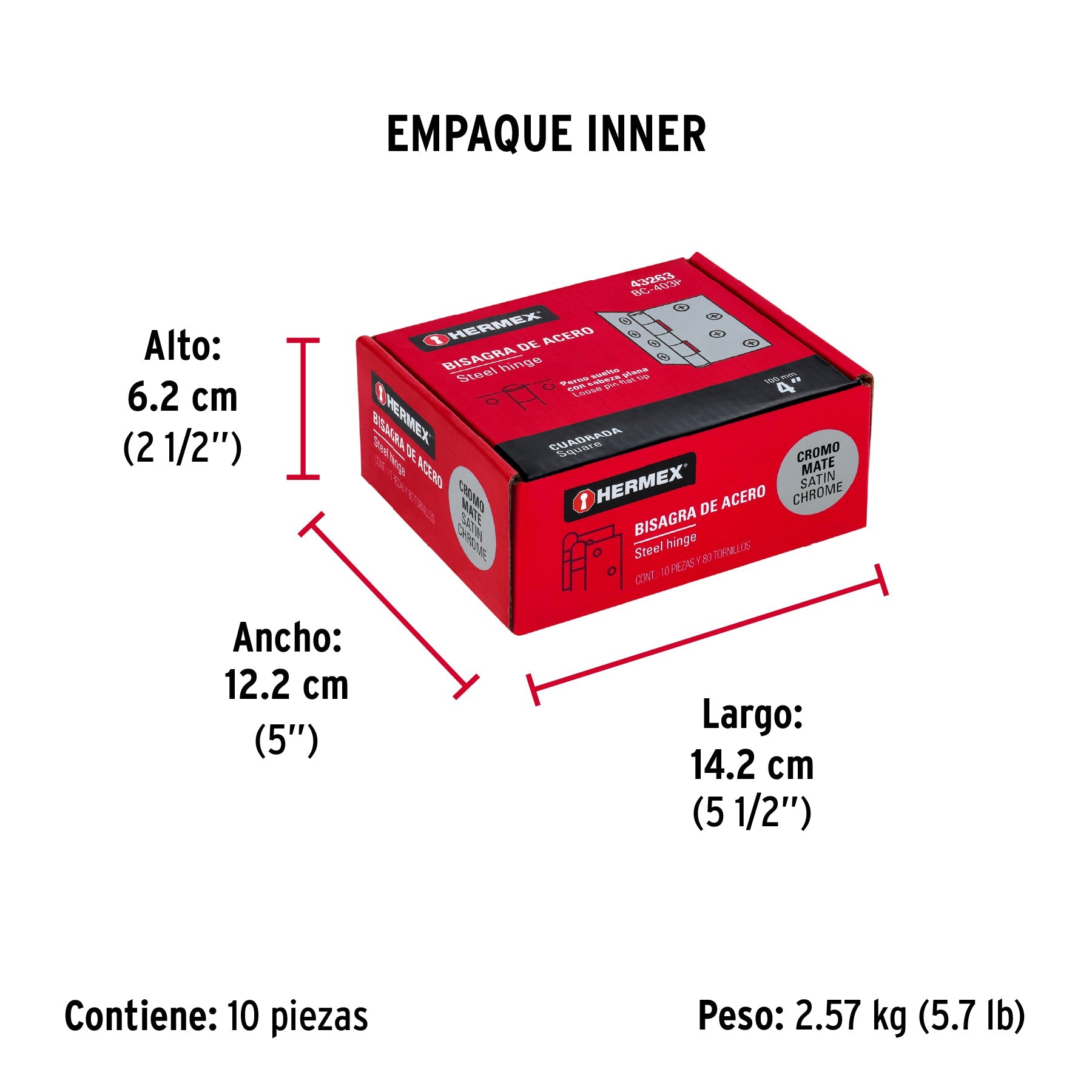 Bisagra cuadrada 4", satinado, cabeza plana, HERMEX - Empaque