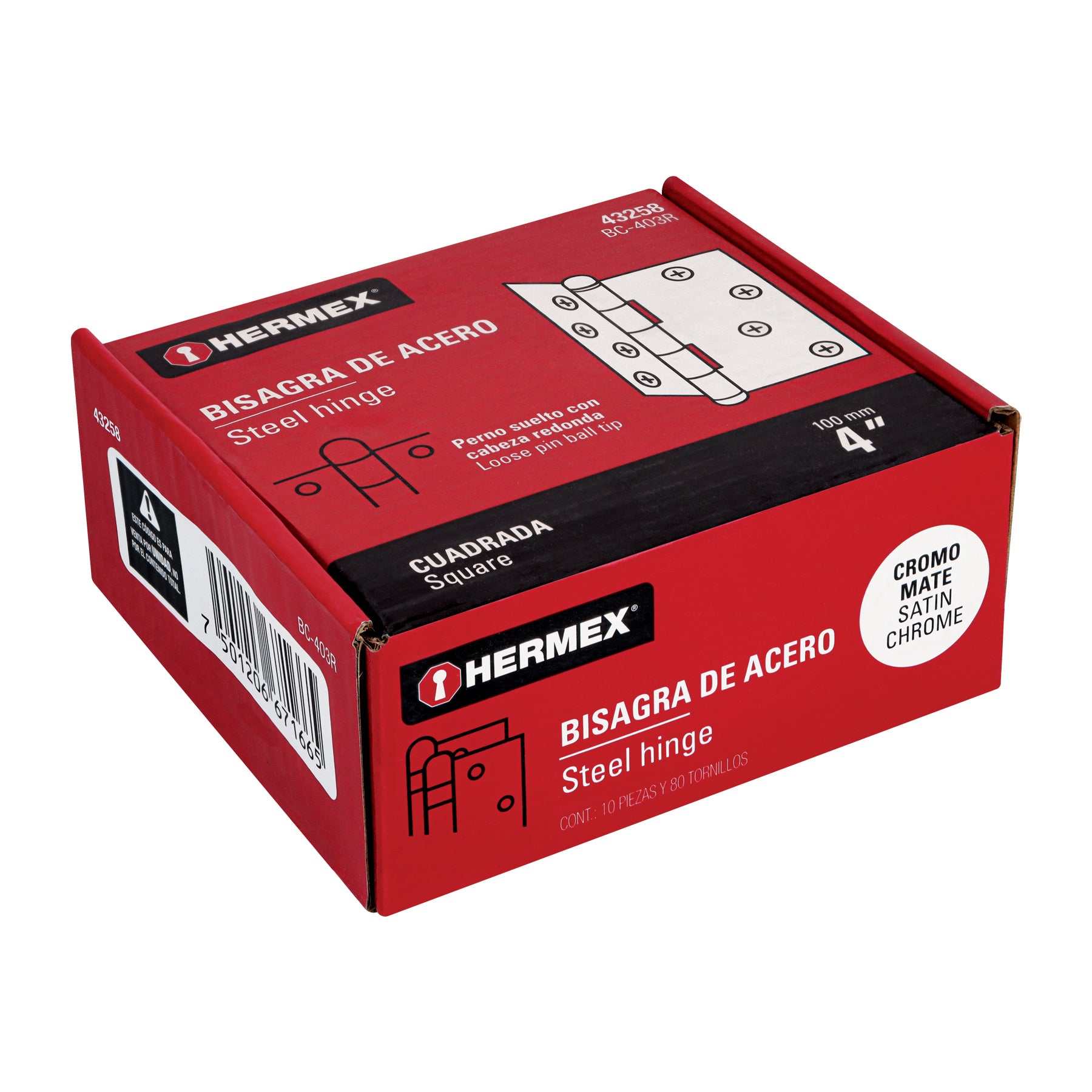 Bisagra cuadrada 4", satinado, cabeza redonda, HERMEX