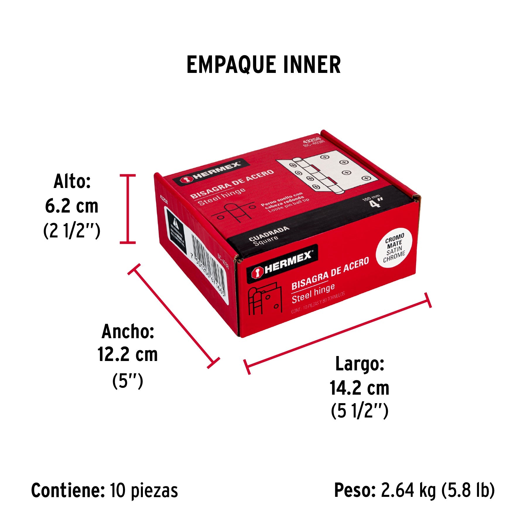 Bisagra cuadrada 4", satinado, cabeza redonda, HERMEX - Empaque