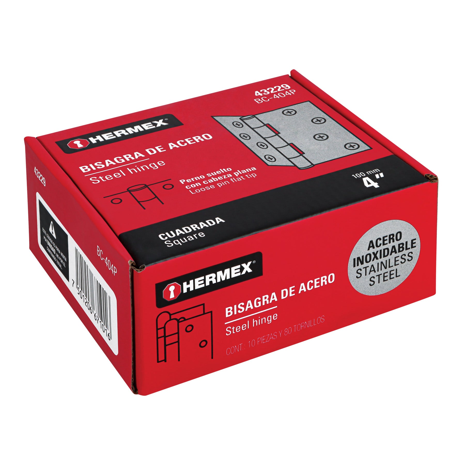 Bisagra cuadrada 4" acero inox, cabeza plana, HERMEX