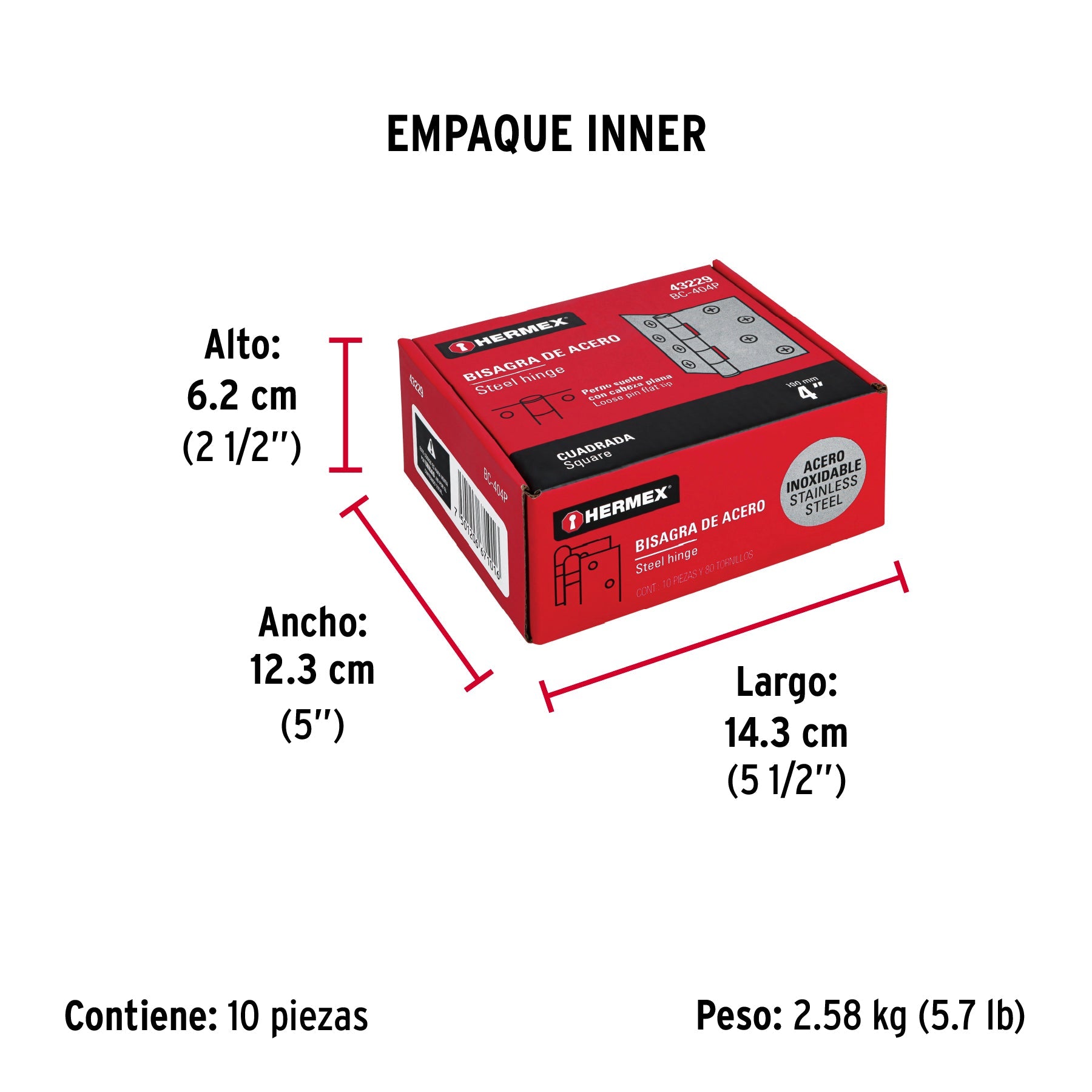 Bisagra cuadrada 4" acero inox, cabeza plana, HERMEX - Empaque