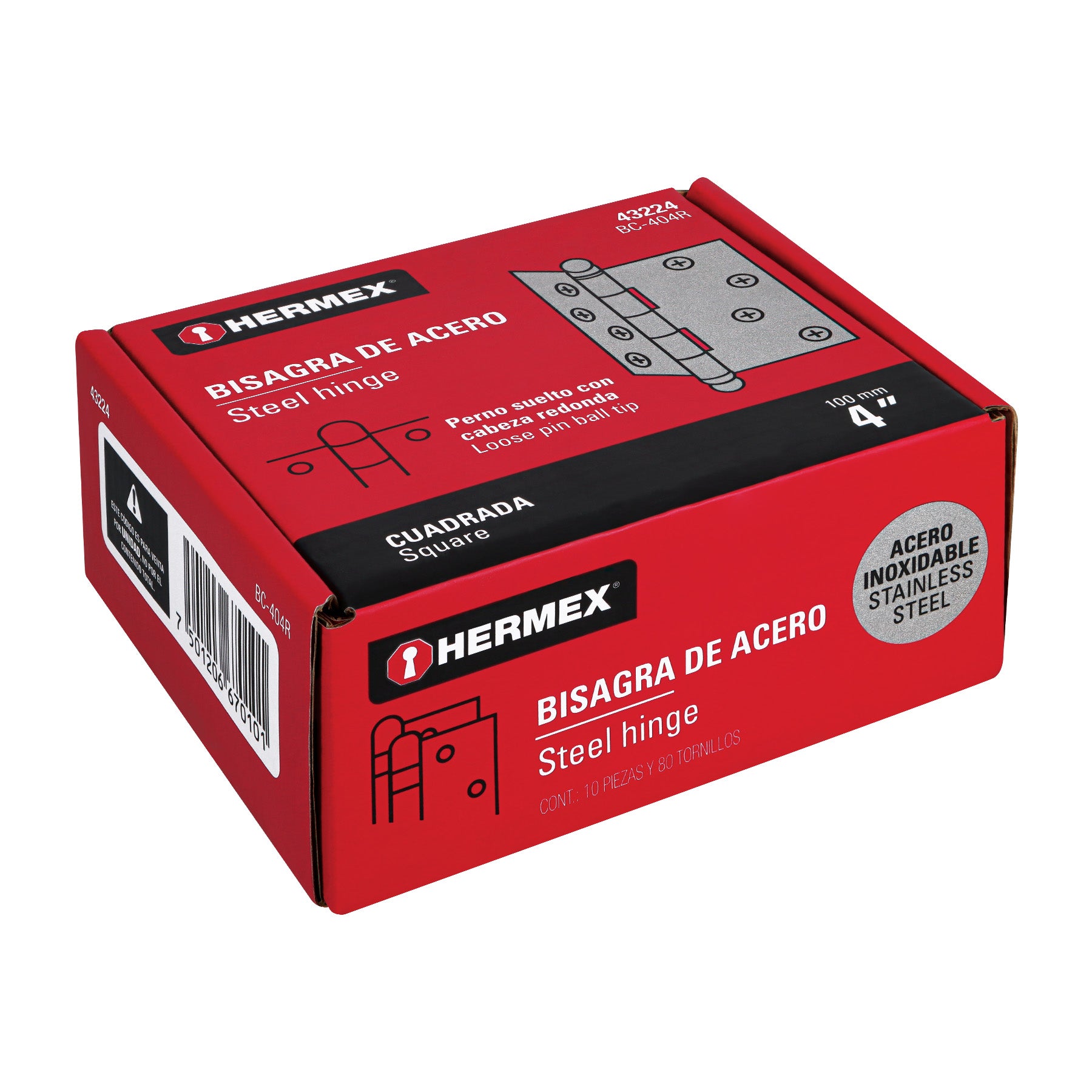 Bisagra cuadrada 4" acero inox, cabeza redonda, HERMEX