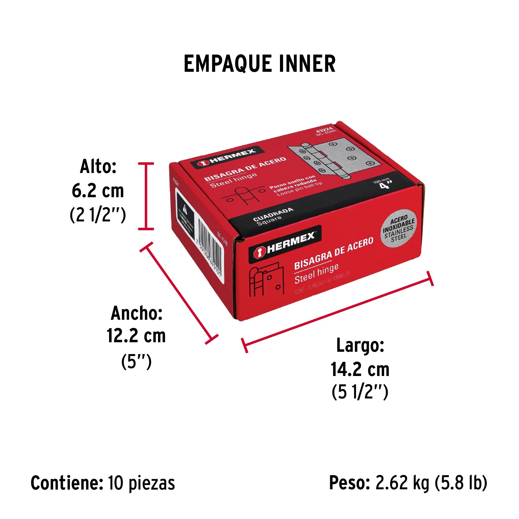 Bisagra cuadrada 4" acero inox, cabeza redonda, HERMEX - Empaque