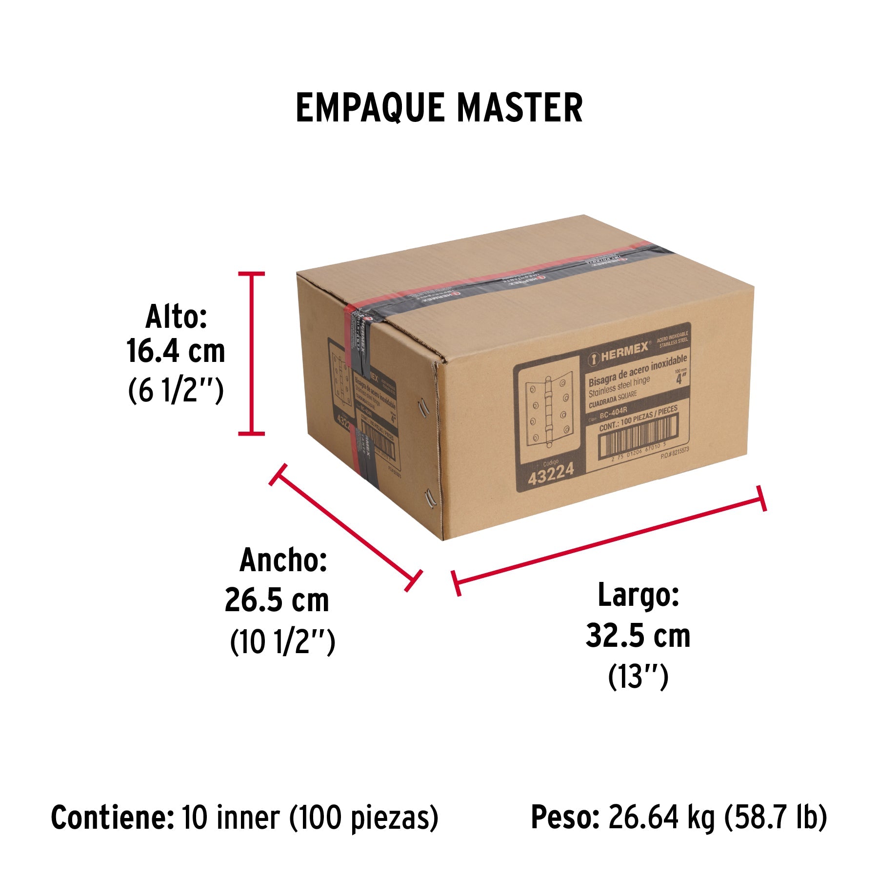 Bisagra cuadrada 4" acero inox, cabeza redonda, HERMEX - Empaque