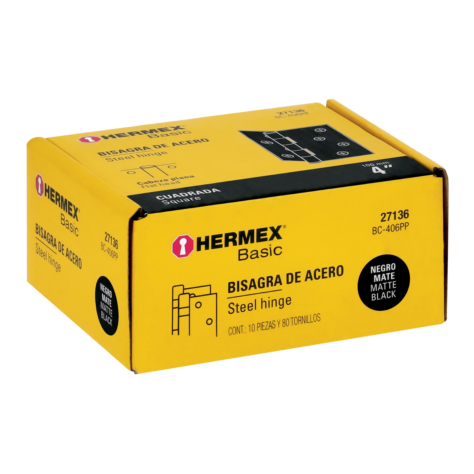 Bisagra cuadrada 4", negro mate, cabeza plana, BASIC