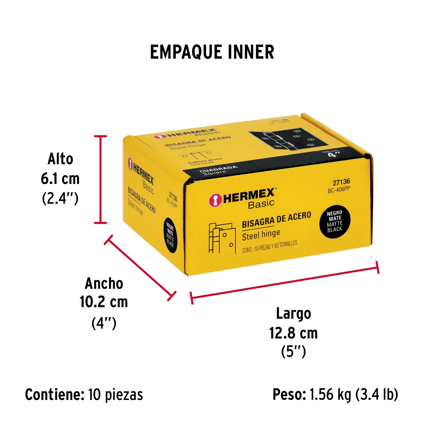 Bisagra cuadrada 4", negro mate, cabeza plana, BASIC - Empaque