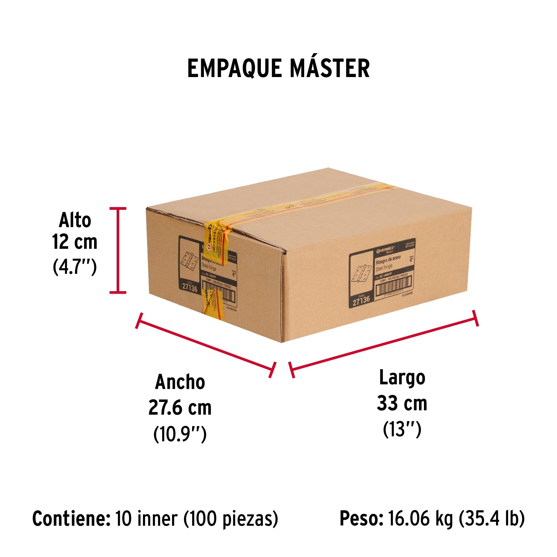 Bisagra cuadrada 4", negro mate, cabeza plana, BASIC - Empaque