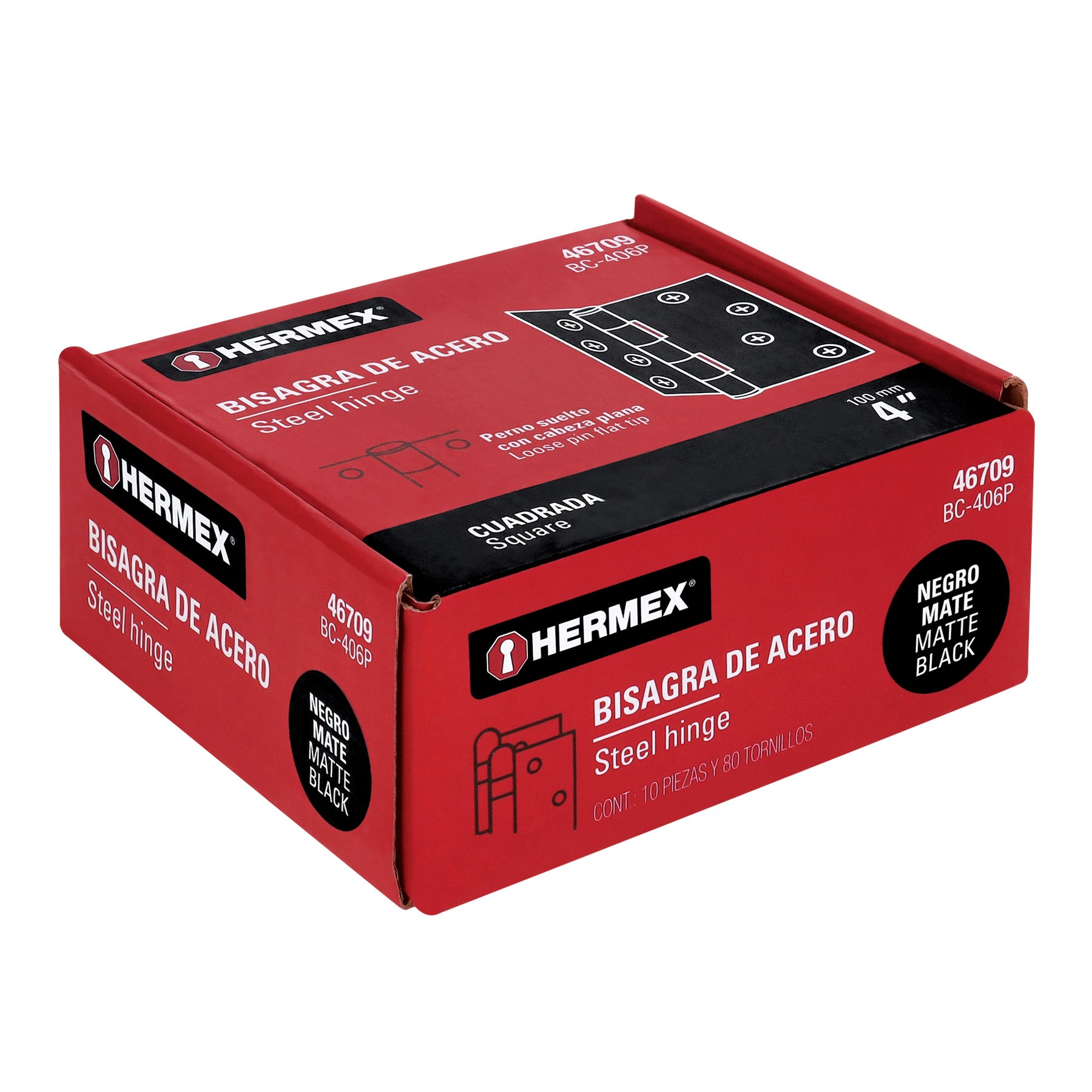 Bisagra cuadrada 4", negro mate, cabeza plana, HERMEX