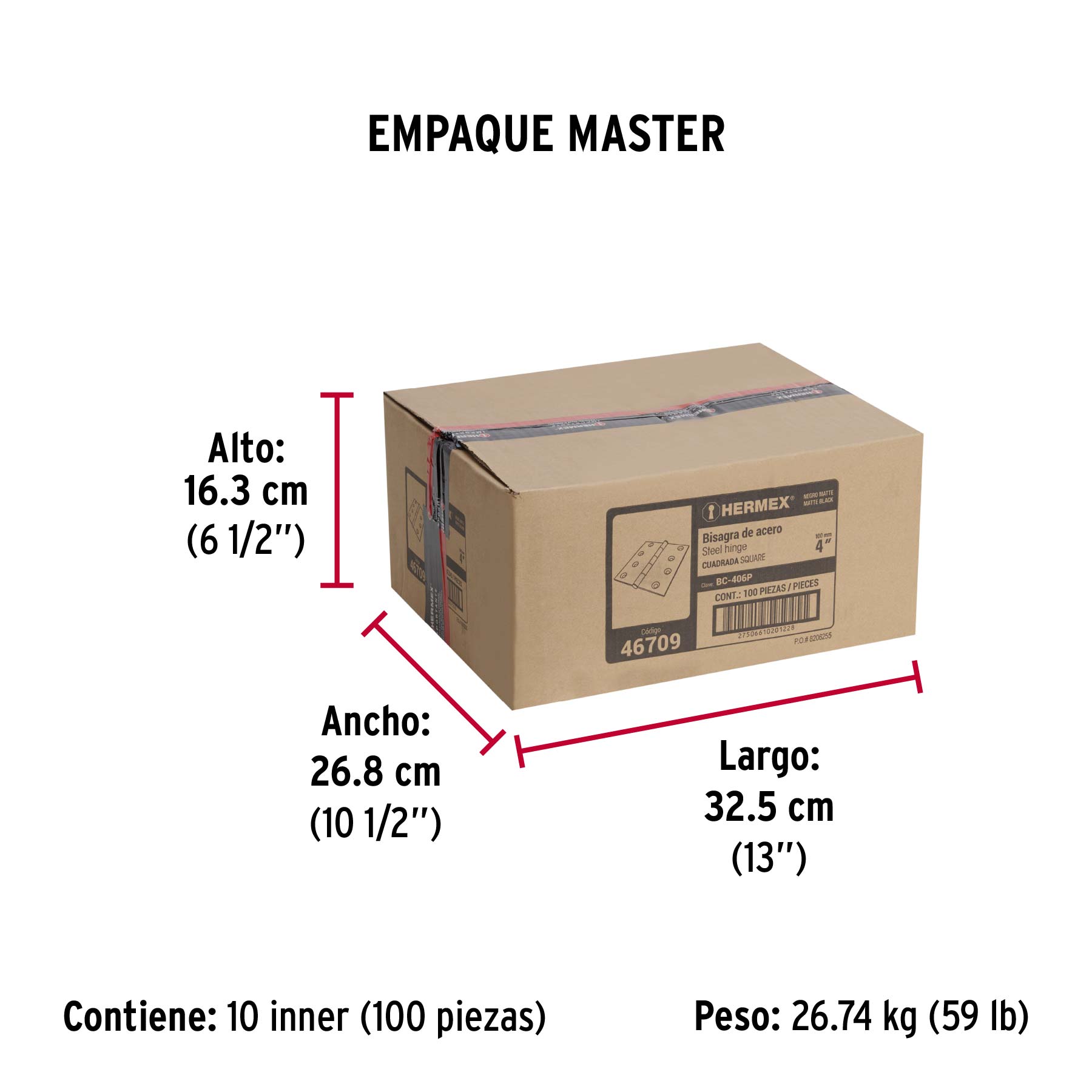 Bisagra cuadrada 4", negro mate, cabeza plana, HERMEX - Empaque