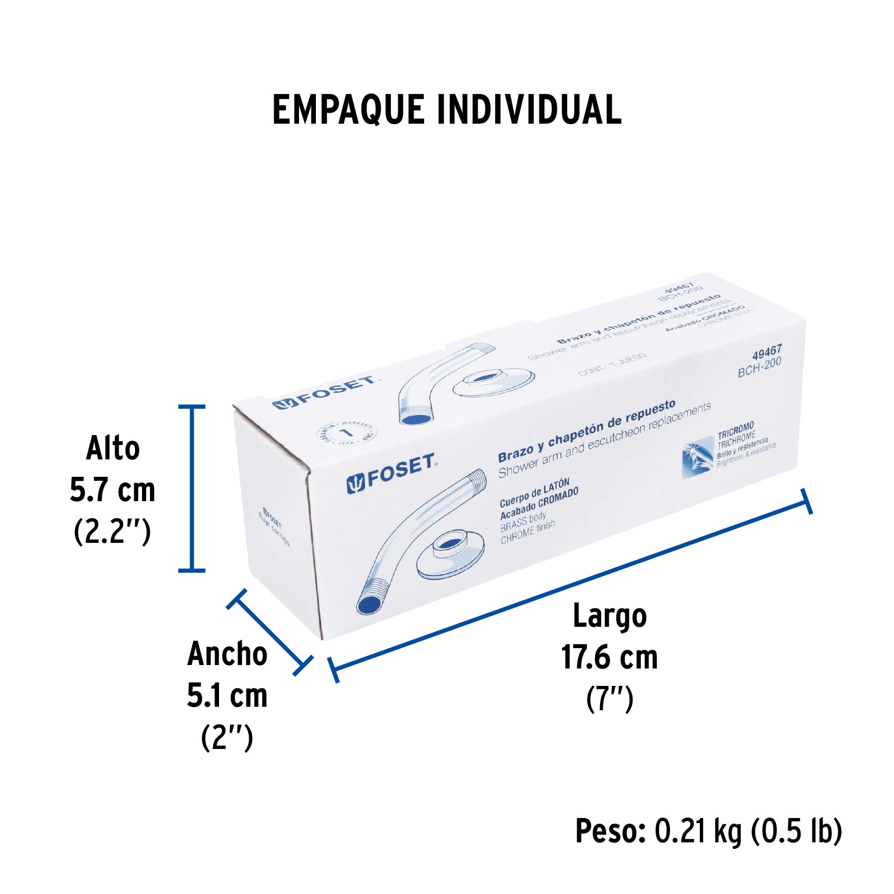 Brazo y chapetón para regadera, latón, cromo, ELEMENT - Empaque