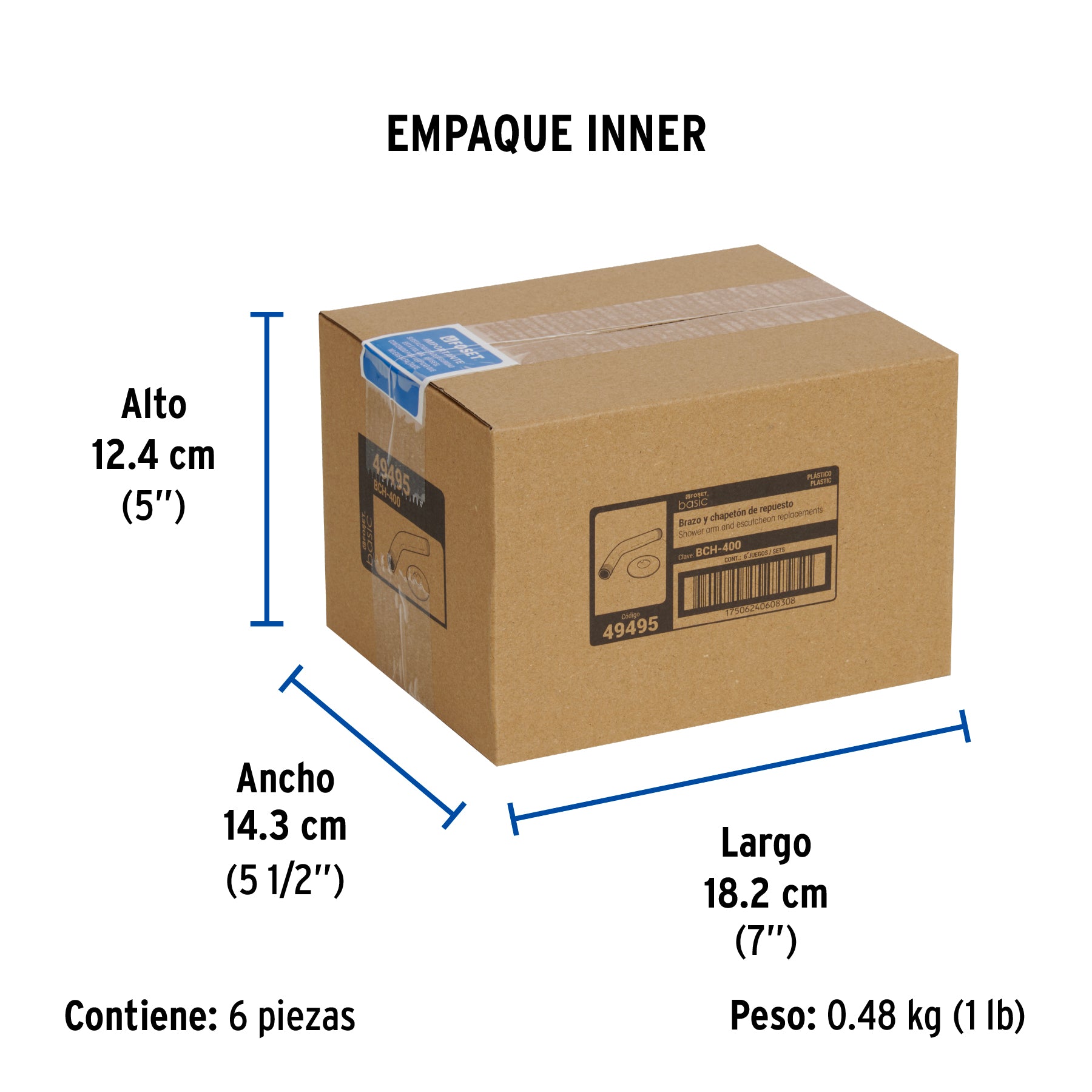 Brazo y chapetón plásticos para regadera, FOSET BASIC - Empaque