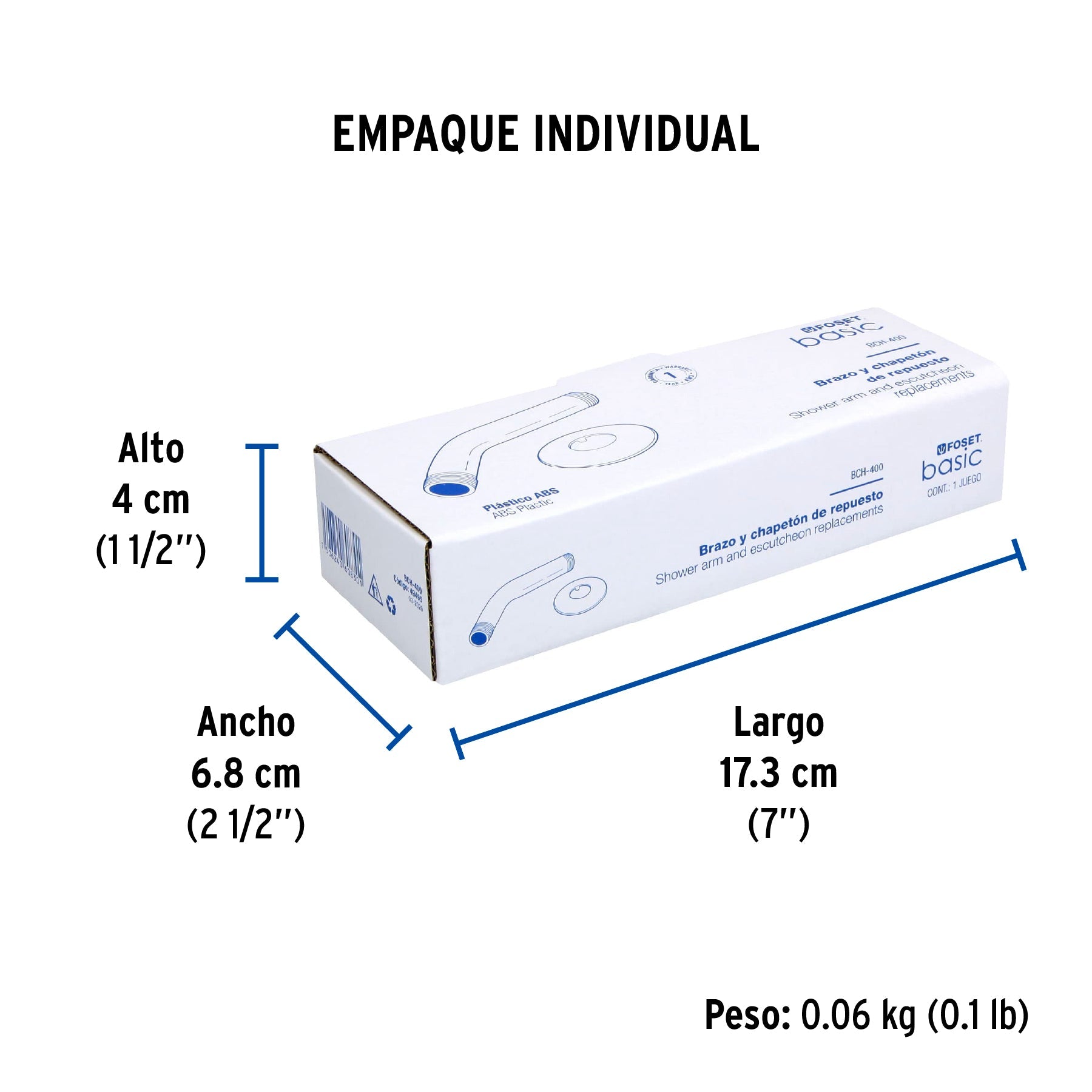 Brazo y chapetón plásticos para regadera, FOSET BASIC - Empaque
