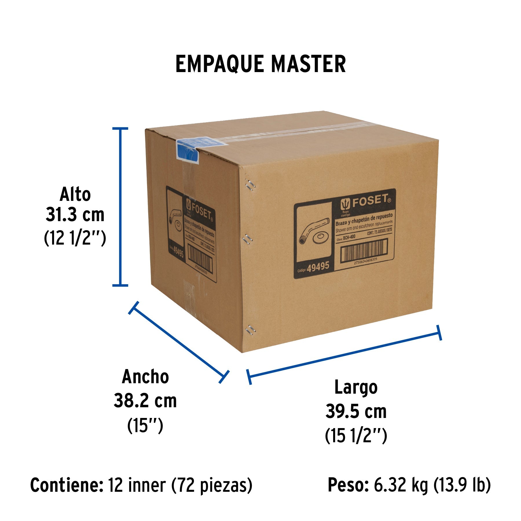 Brazo y chapetón plásticos para regadera, FOSET BASIC - Empaque