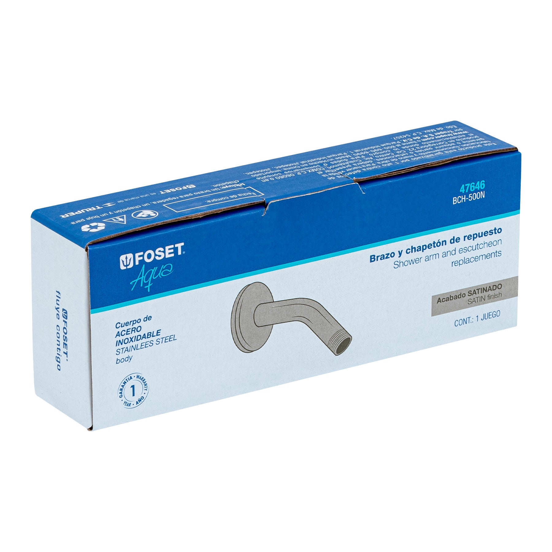 Brazo corto con chapetón para regadera, satín, FOSET AQUA