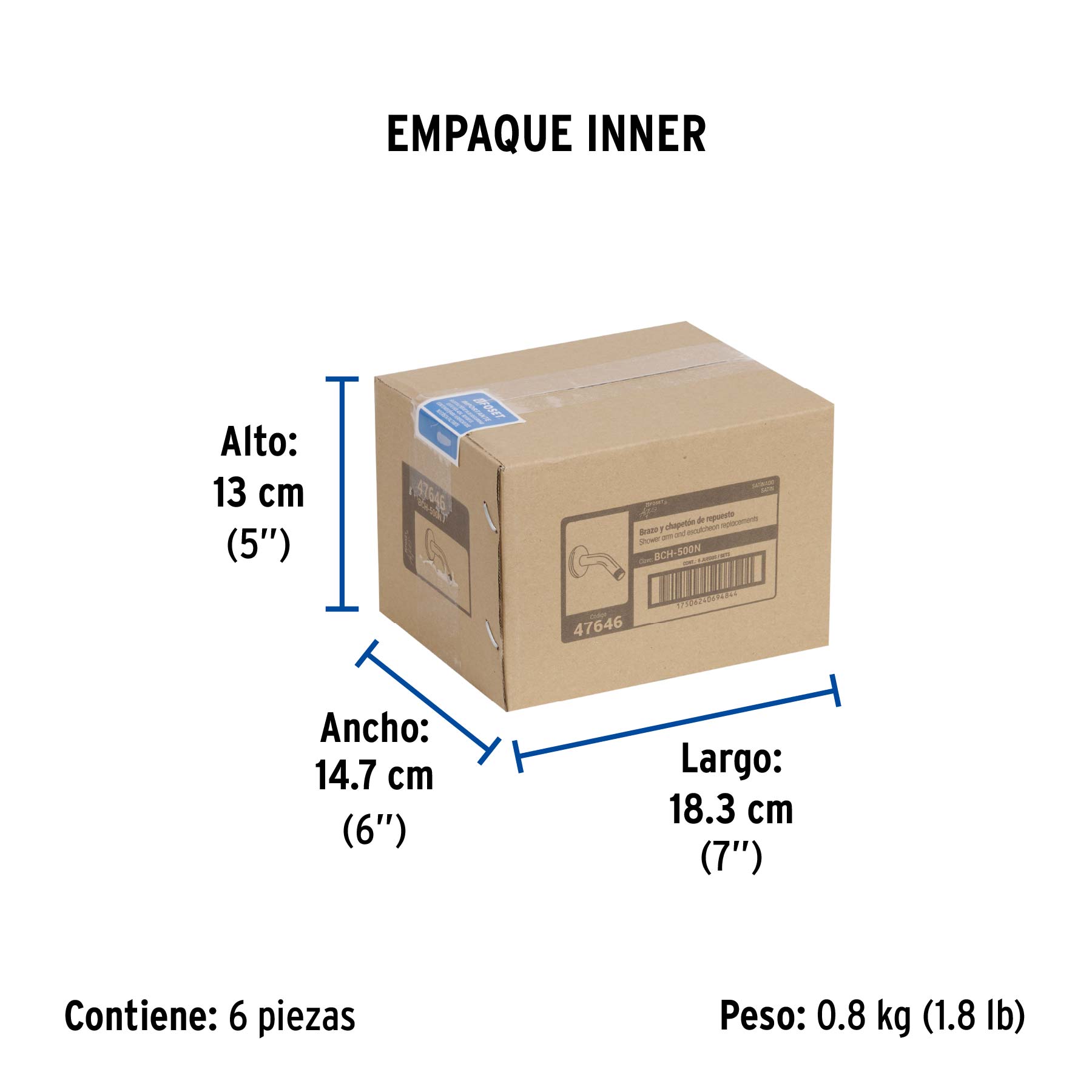 Brazo corto con chapetón para regadera, satín, FOSET AQUA - Empaque