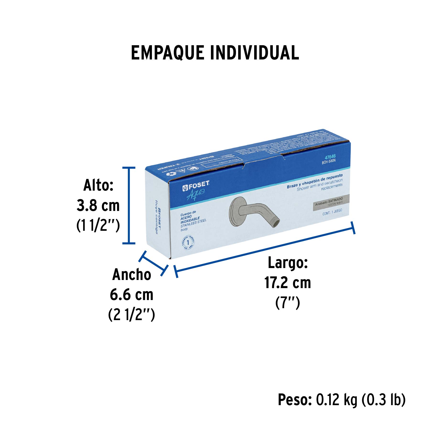 Brazo corto con chapetón para regadera, satín, FOSET AQUA - Empaque