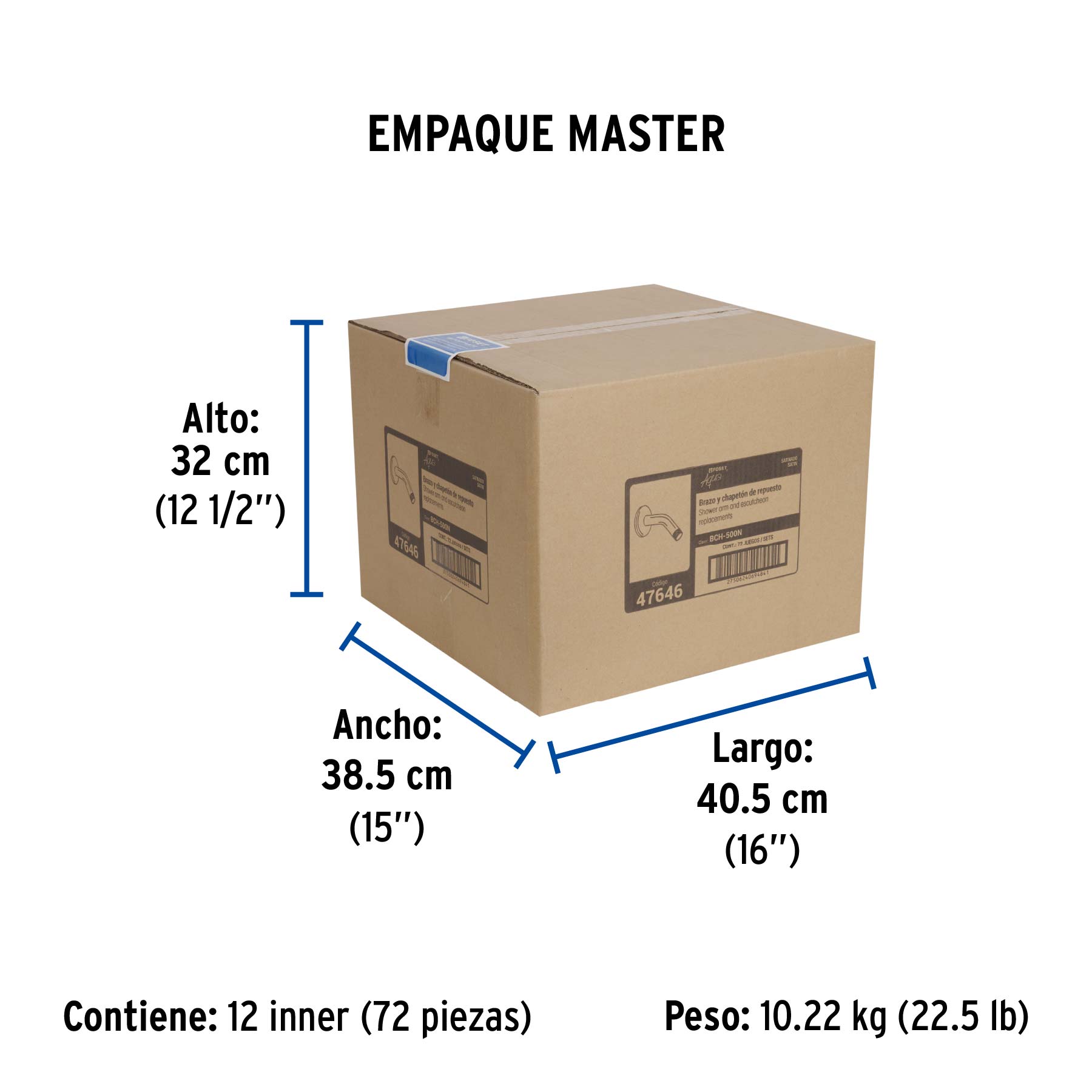 Brazo corto con chapetón para regadera, satín, FOSET AQUA - Empaque