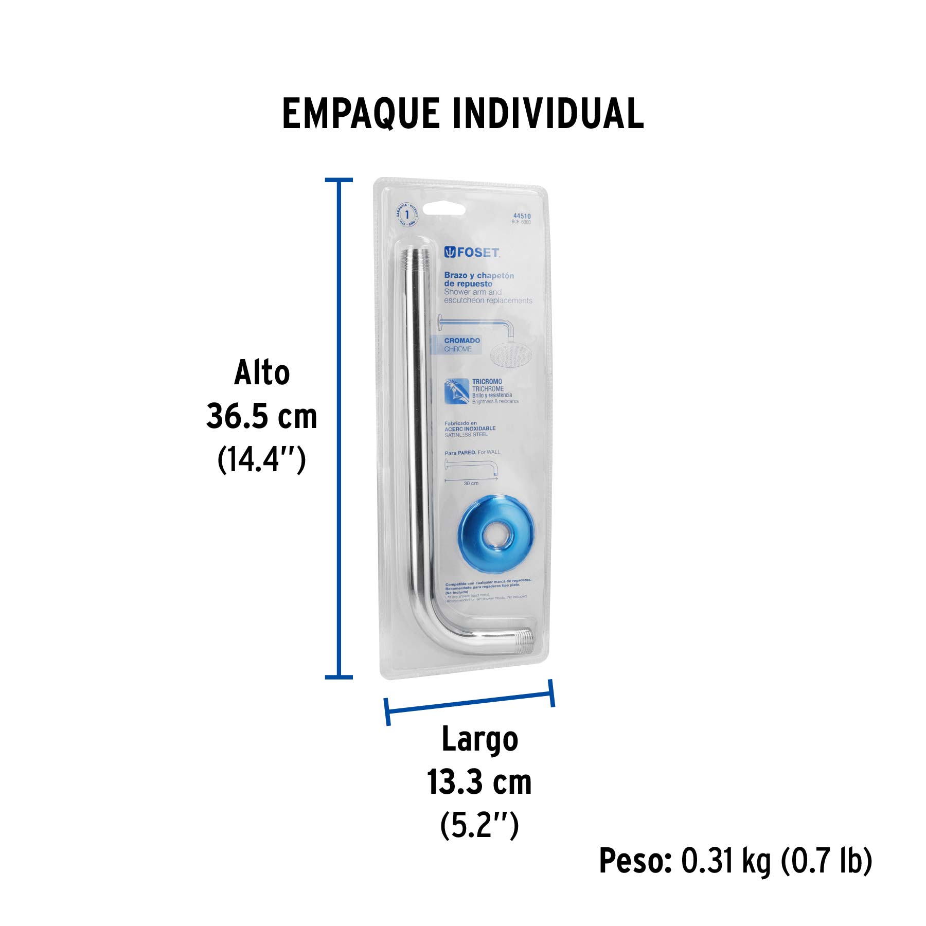 Brazo y chapetón de repuesto para regadera, blíster, AQUA - Empaque
