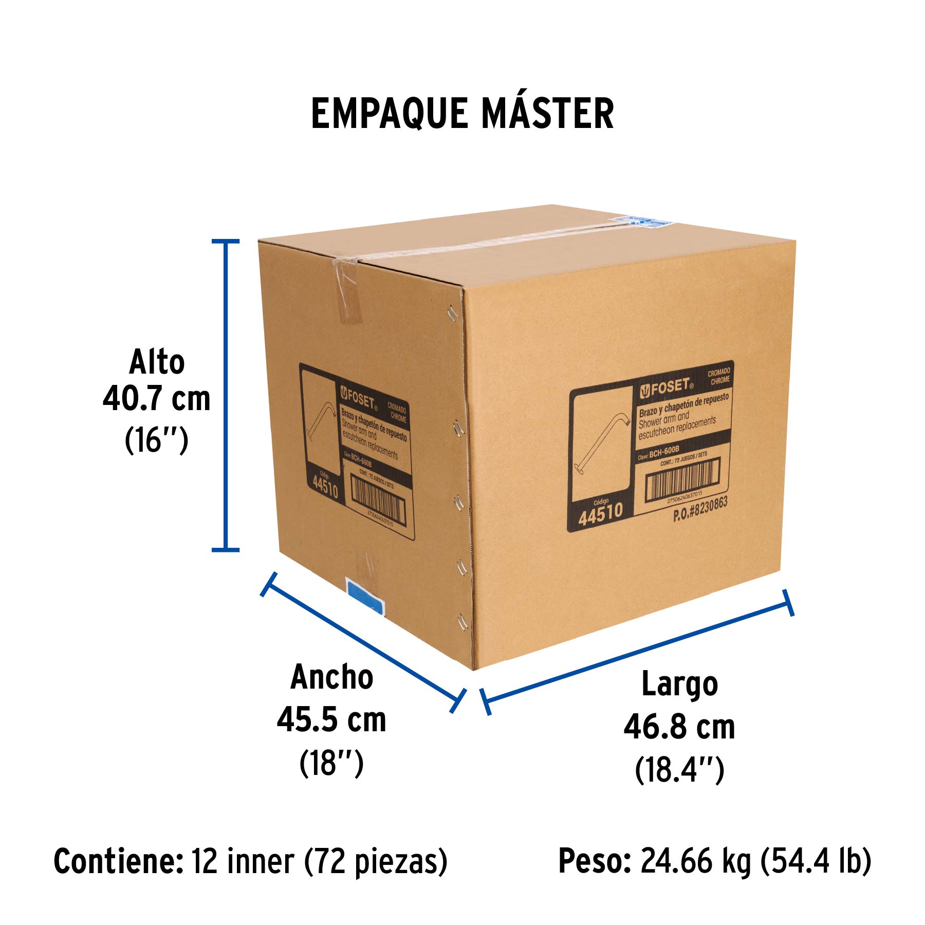 Brazo y chapetón de repuesto para regadera, blíster, AQUA - Empaque