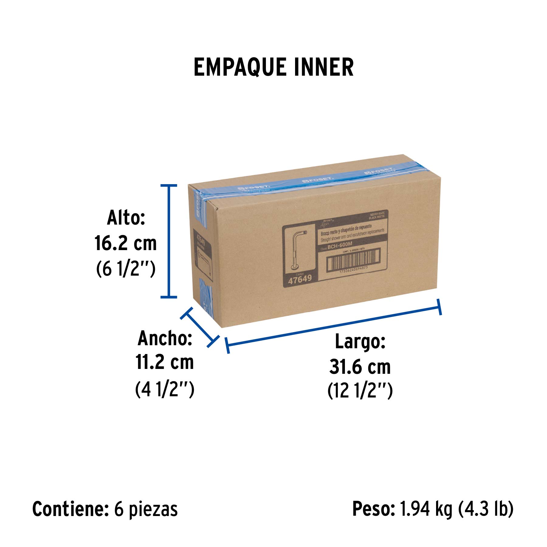 Brazo recto con chapetón para regadera, 30 cm, negro mate - Empaque