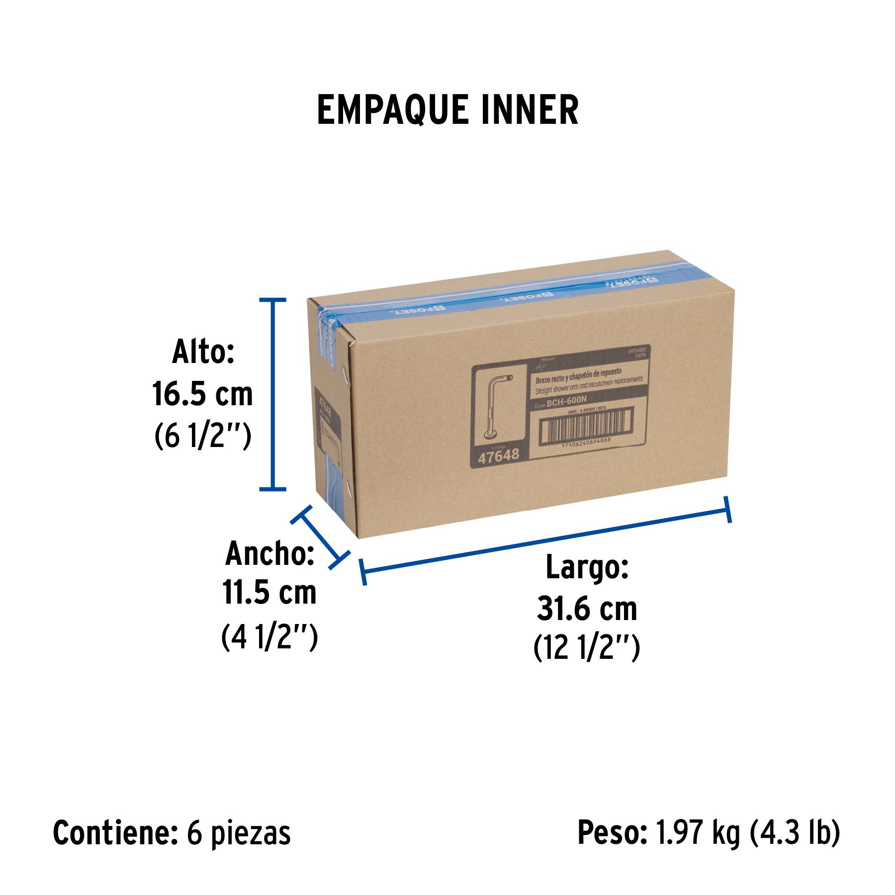 Brazo recto con chapetón para regadera, 30 cm, satín, FOSET - Empaque