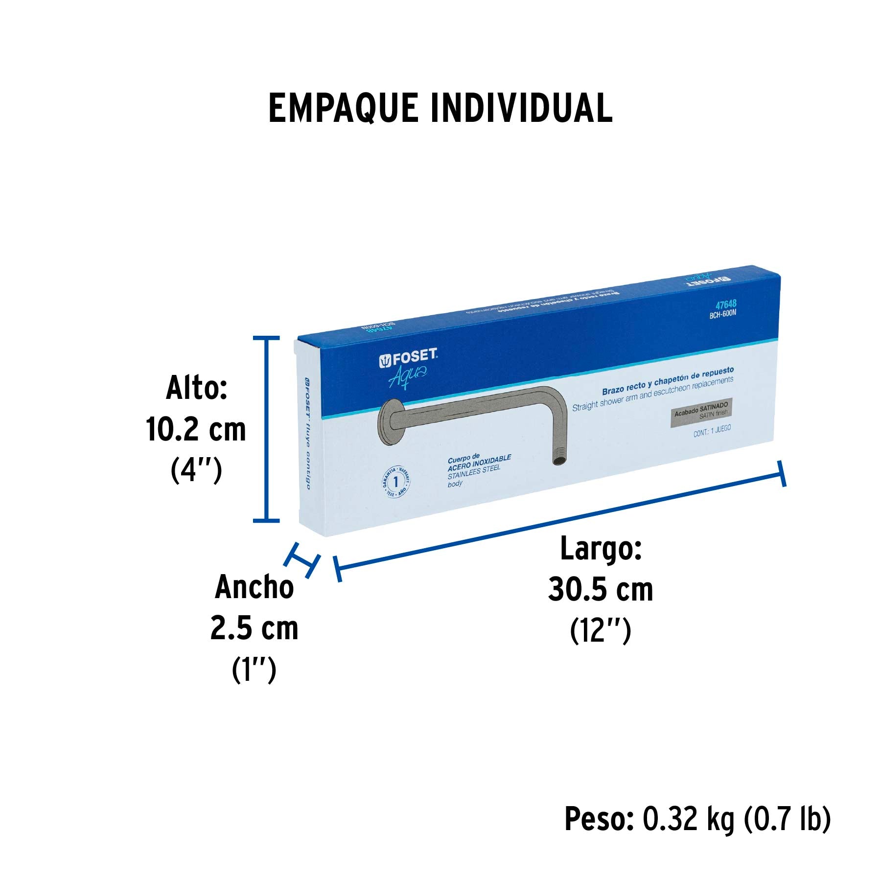 Brazo recto con chapetón para regadera, 30 cm, satín, FOSET - Empaque