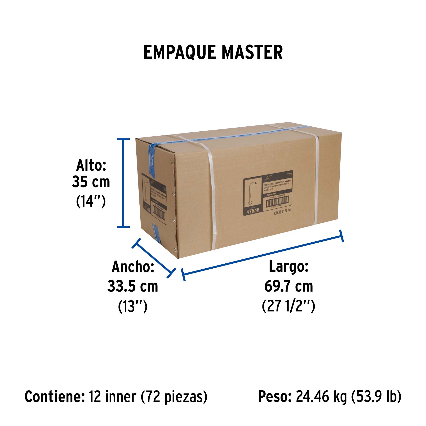 Brazo recto con chapetón para regadera, 30 cm, satín, FOSET - Empaque