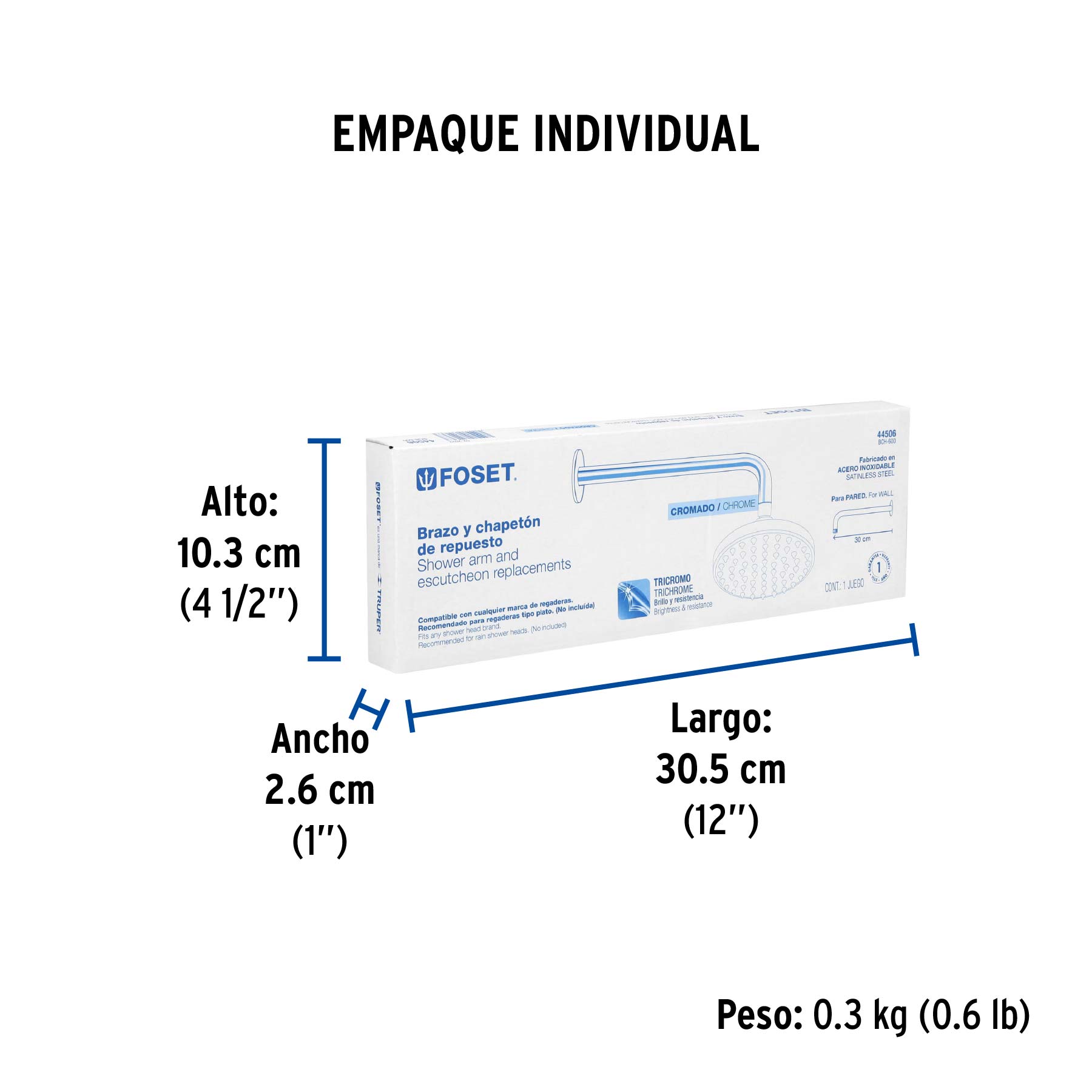 Brazo recto con chapetón para regadera, 30 cm, cromo, FOSET - Empaque