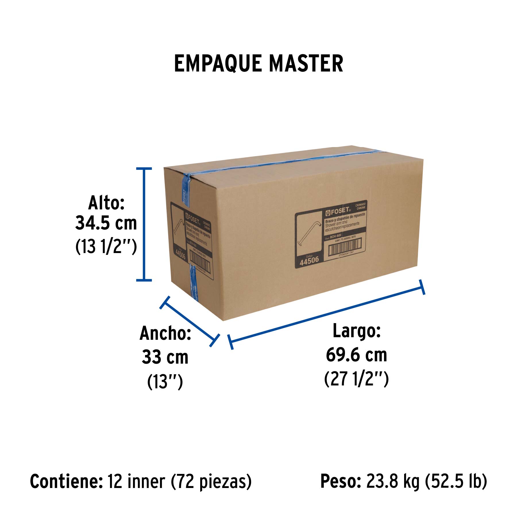 Brazo recto con chapetón para regadera, 30 cm, cromo, FOSET - Empaque