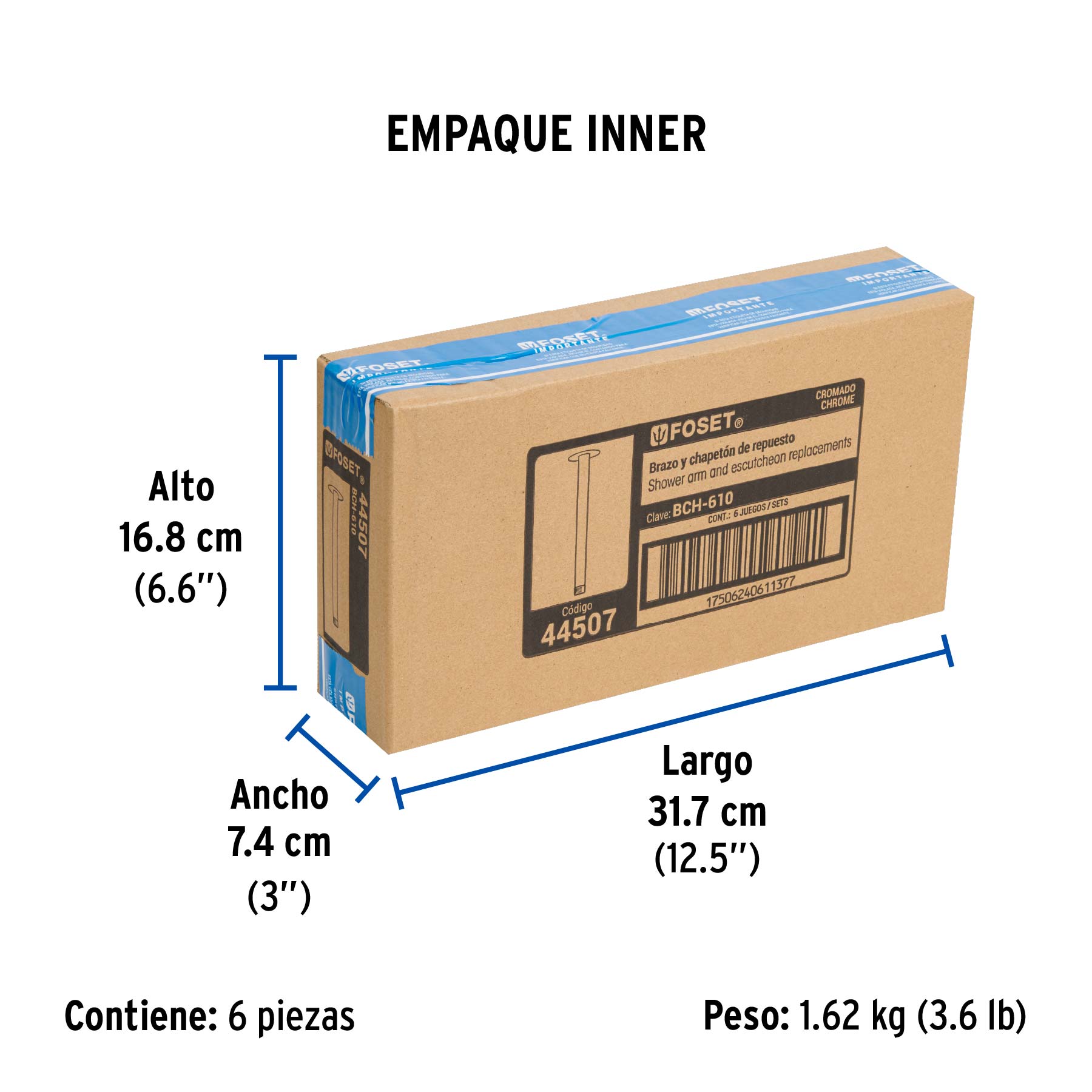Brazo y chapetón recto de repuesto para regadera, FOSET AQUA - Empaque