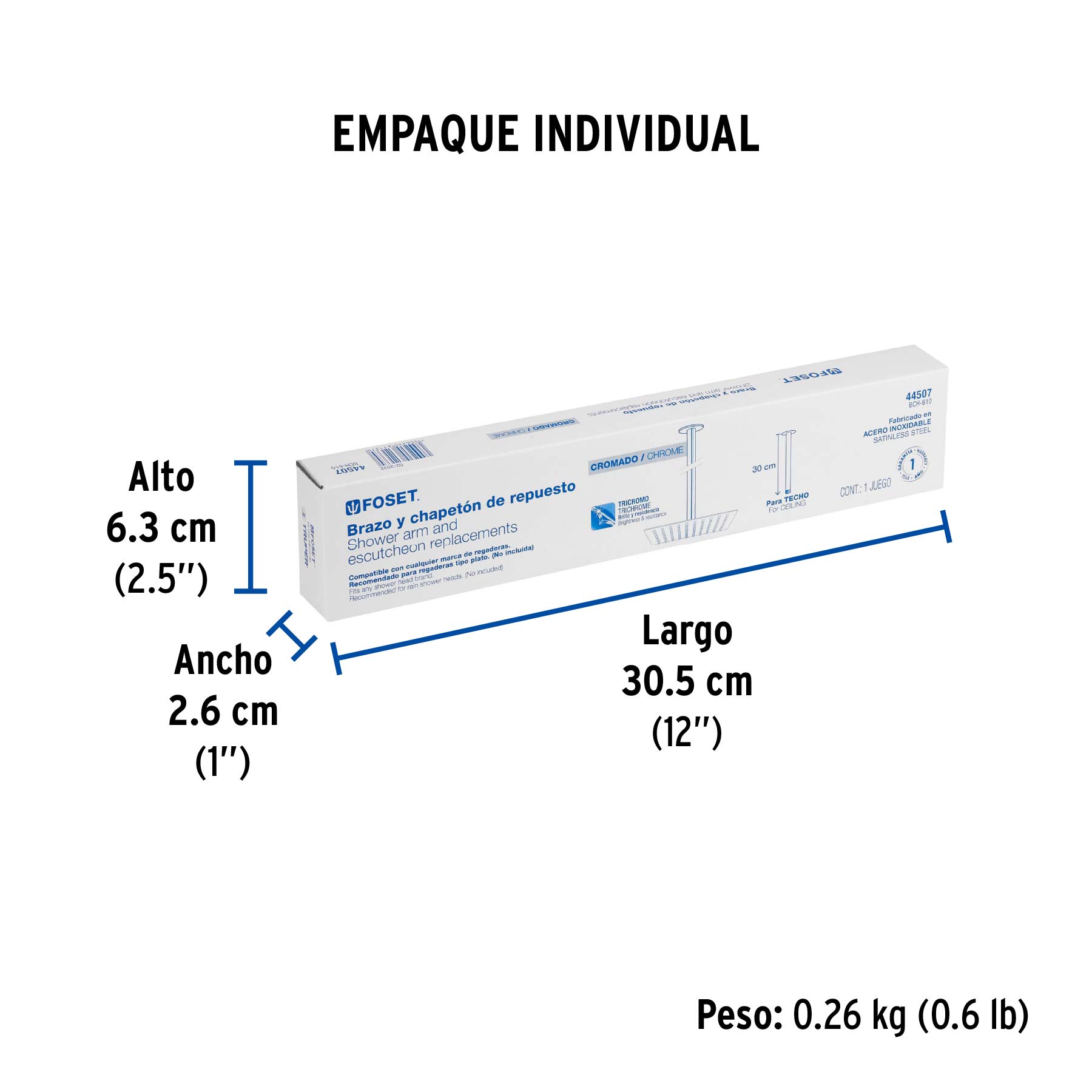 Brazo y chapetón recto de repuesto para regadera, FOSET AQUA - Empaque