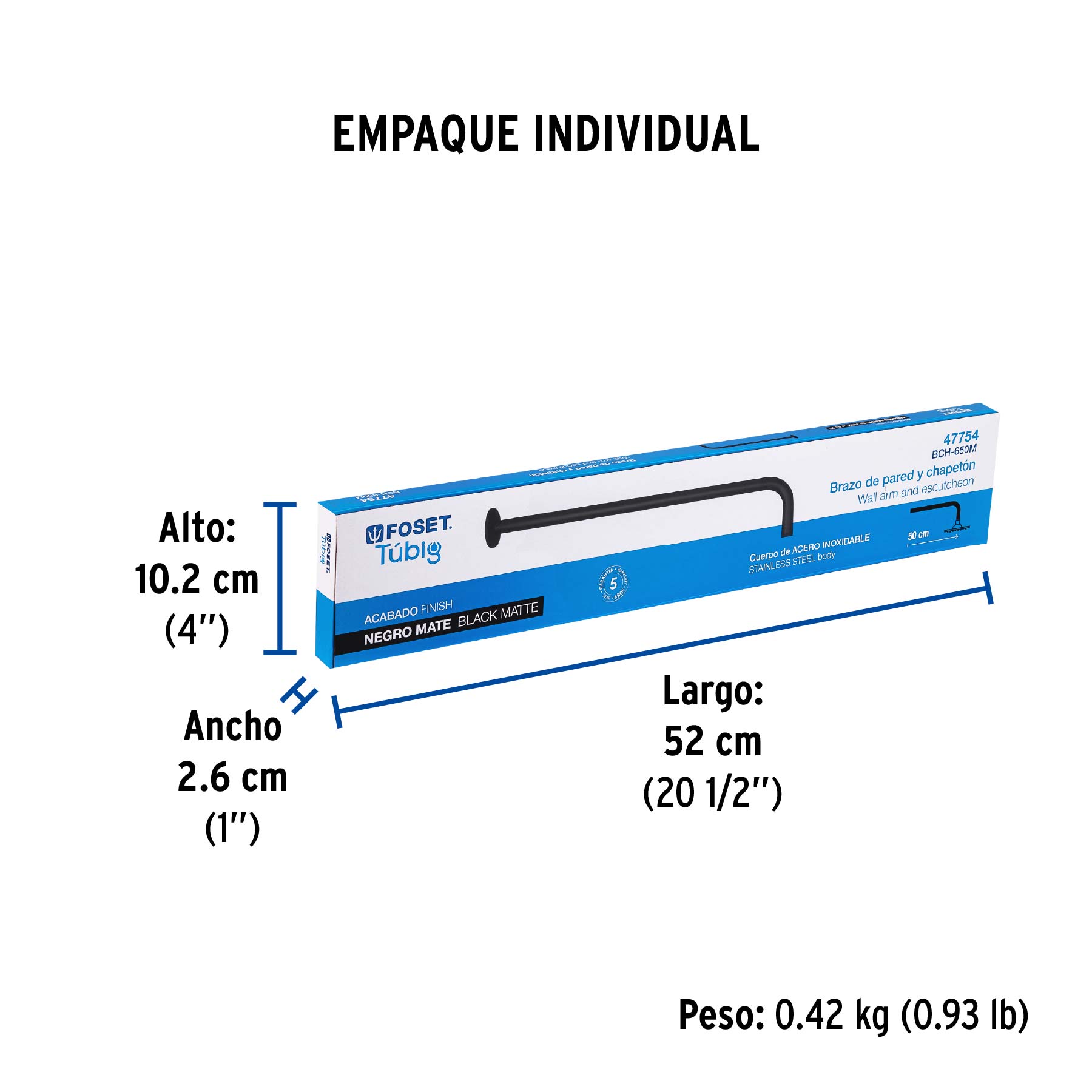 Brazo recto 50 cm con chapetón para regadera, negro mate - Empaque