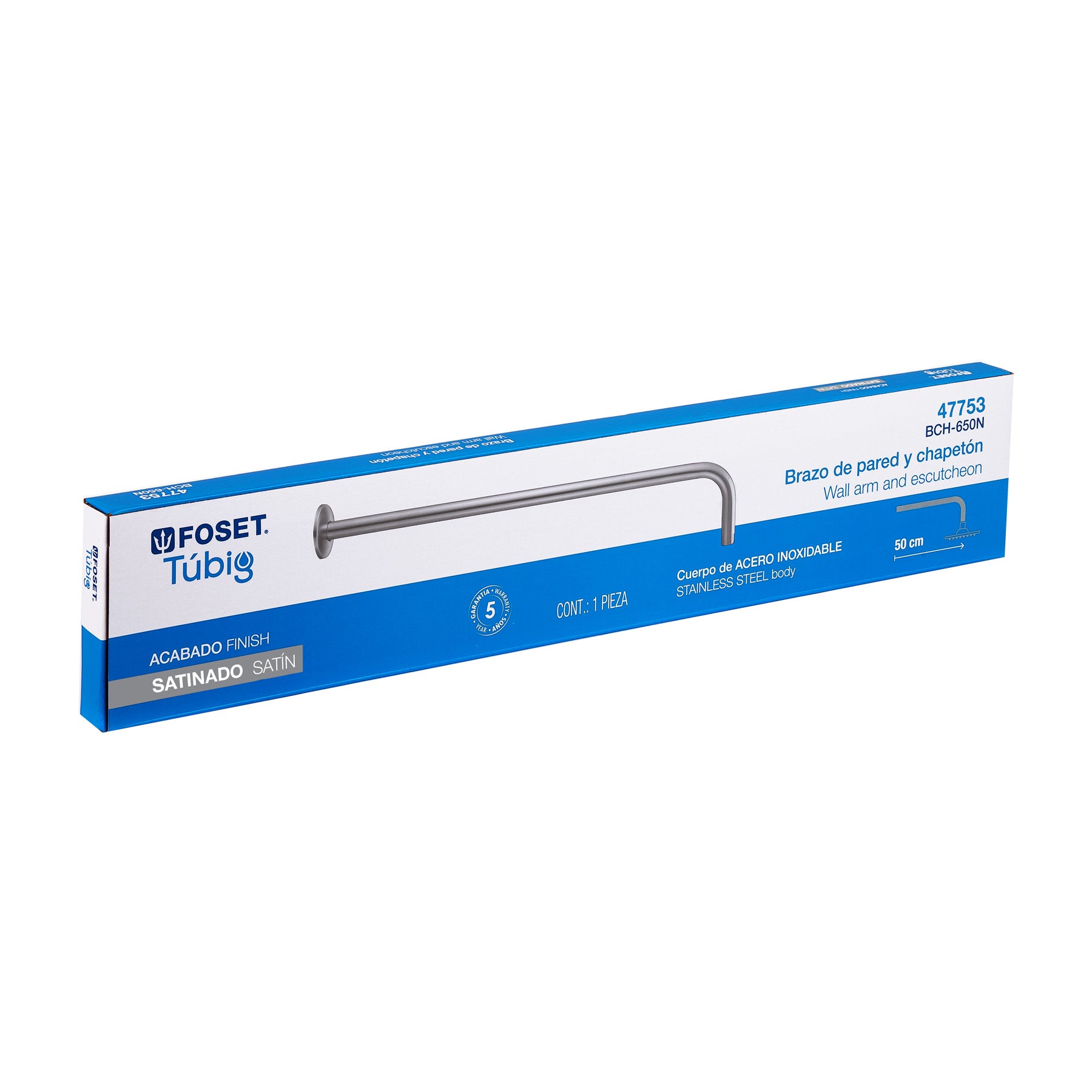 Brazo recto 50 cm con chapetón para regadera, satín, FOSET