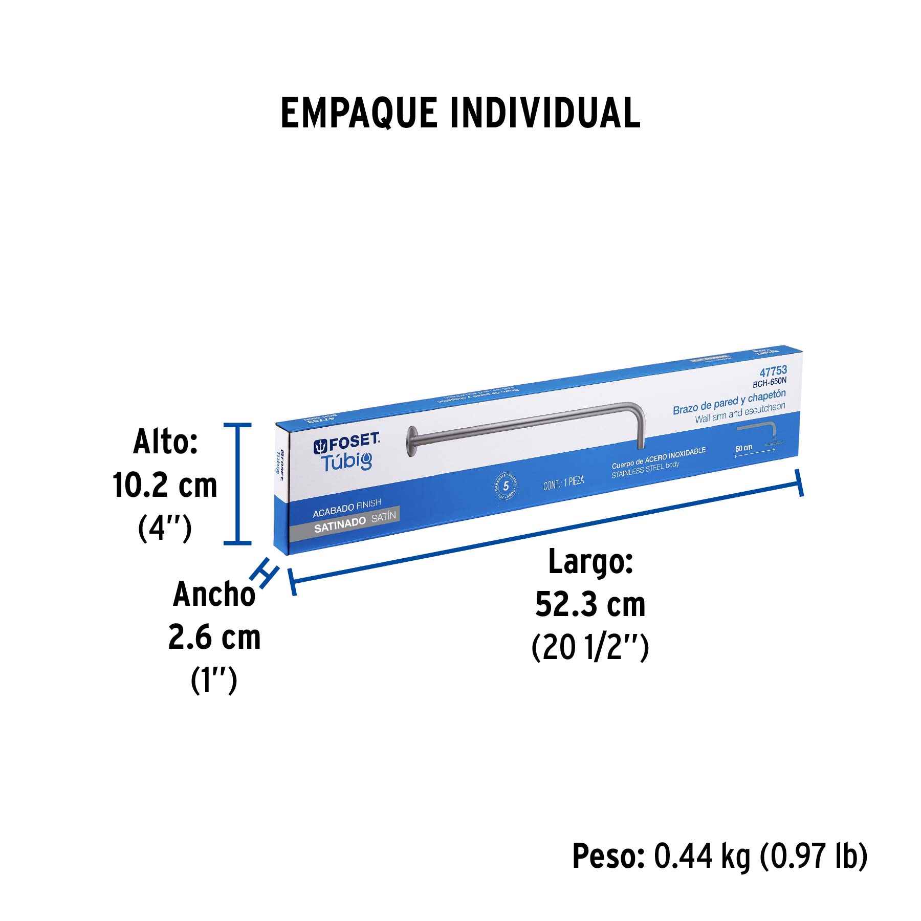 Brazo recto 50 cm con chapetón para regadera, satín, FOSET - Empaque