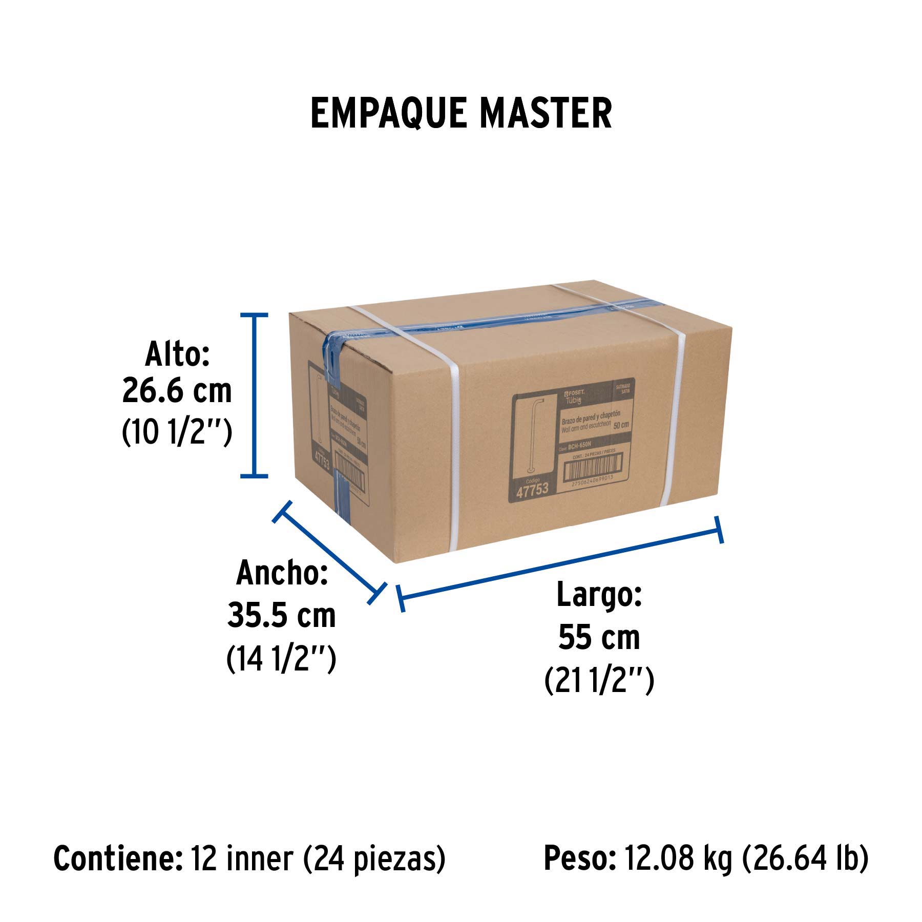 Brazo recto 50 cm con chapetón para regadera, satín, FOSET - Empaque