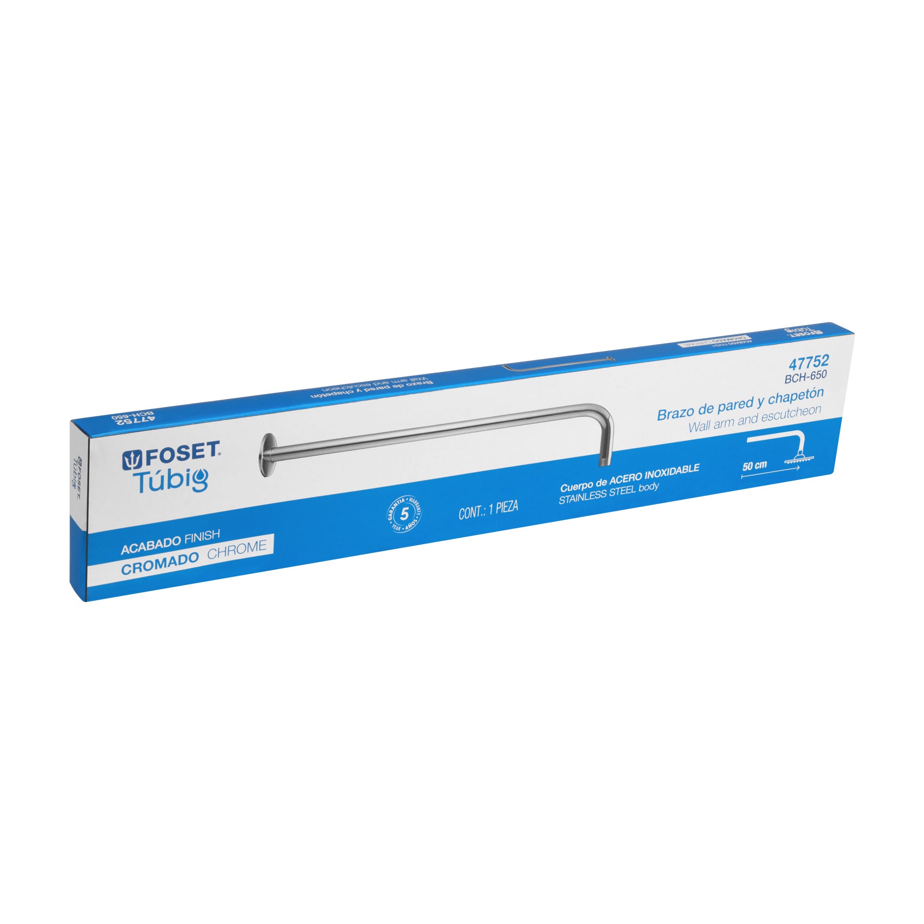 Brazo recto 50 cm con chapetón para regadera, cromo, FOSET