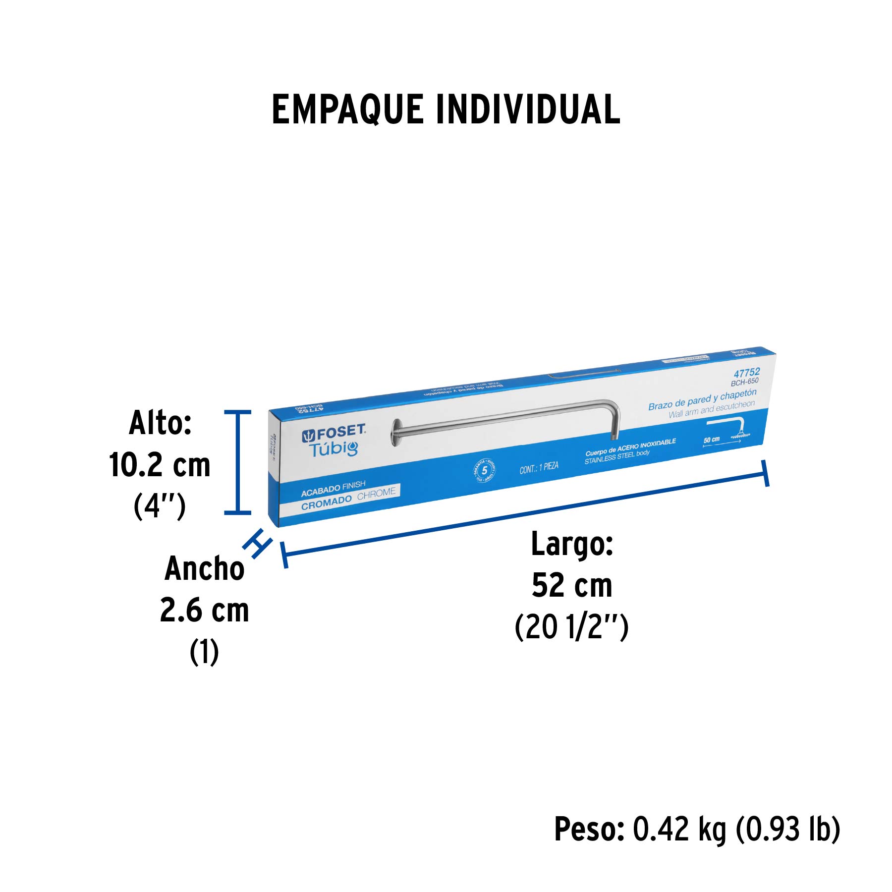Brazo recto 50 cm con chapetón para regadera, cromo, FOSET - Empaque