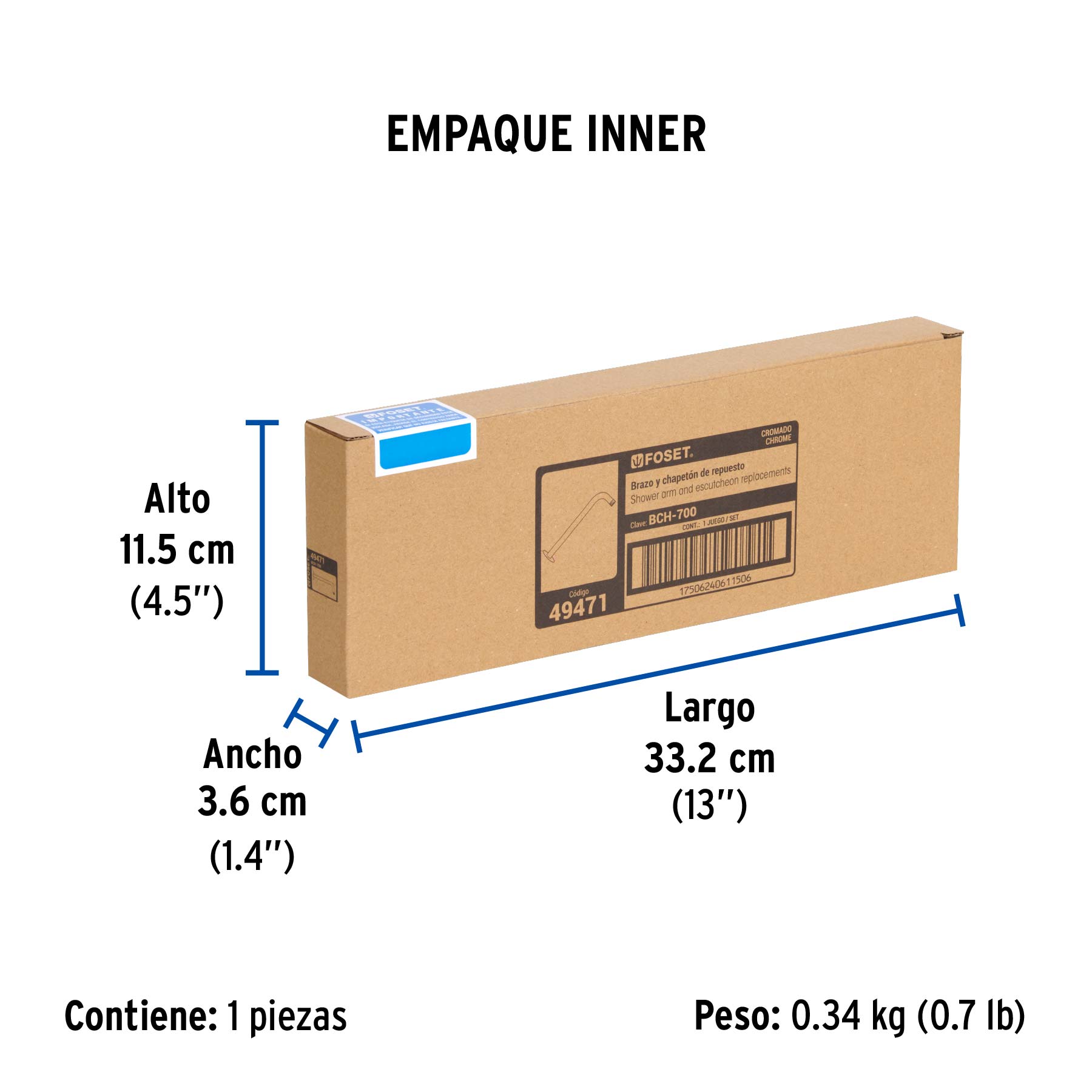 Brazo y chapetón para regadera, 30 cm, cromo, ELEMENT - Empaque